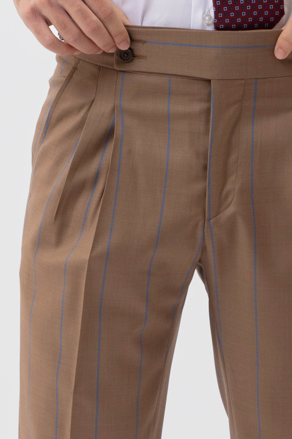 Pantalone Beige Gessato Blu Vita  Alta Uomo Fresco Lana Super 130's Fordam Tessuti Napoli Doppia Pinces Fibbie Laterali E Risvolto 5cm