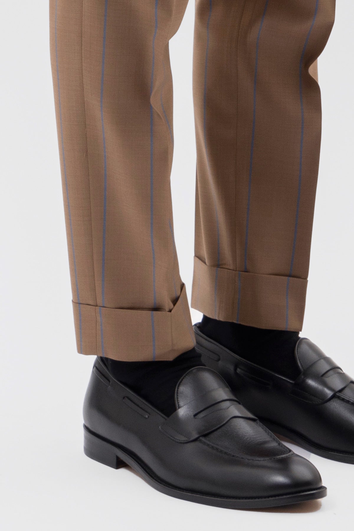 Pantalone Beige Gessato Blu Vita  Alta Uomo Fresco Lana Super 130's Fordam Tessuti Napoli Doppia Pinces Fibbie Laterali E Risvolto 5cm