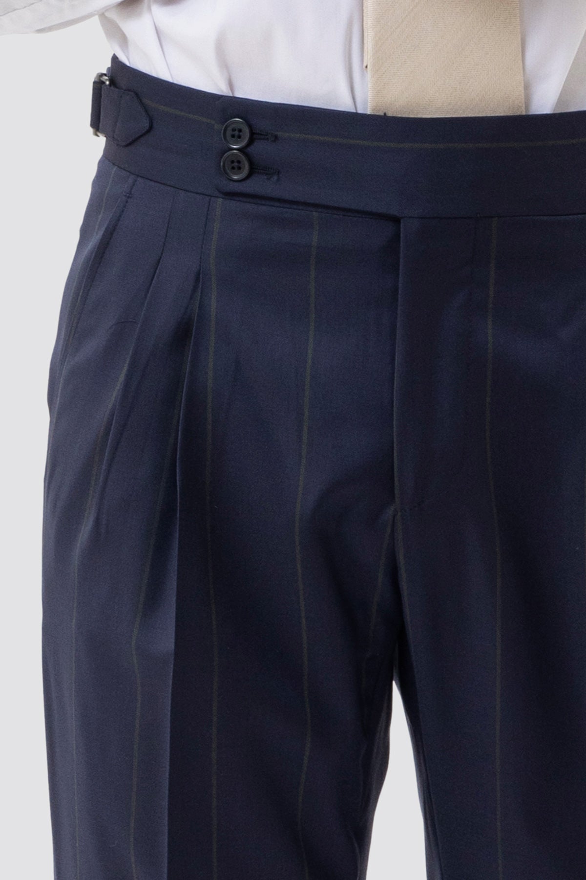 Pantalone Blu Gessato Verde Vita  Alta Uomo Fresco Lana Super 130's Fordam Tessuti Napoli Doppia Pinces Fibbie Laterali E Risvolto 5cm .