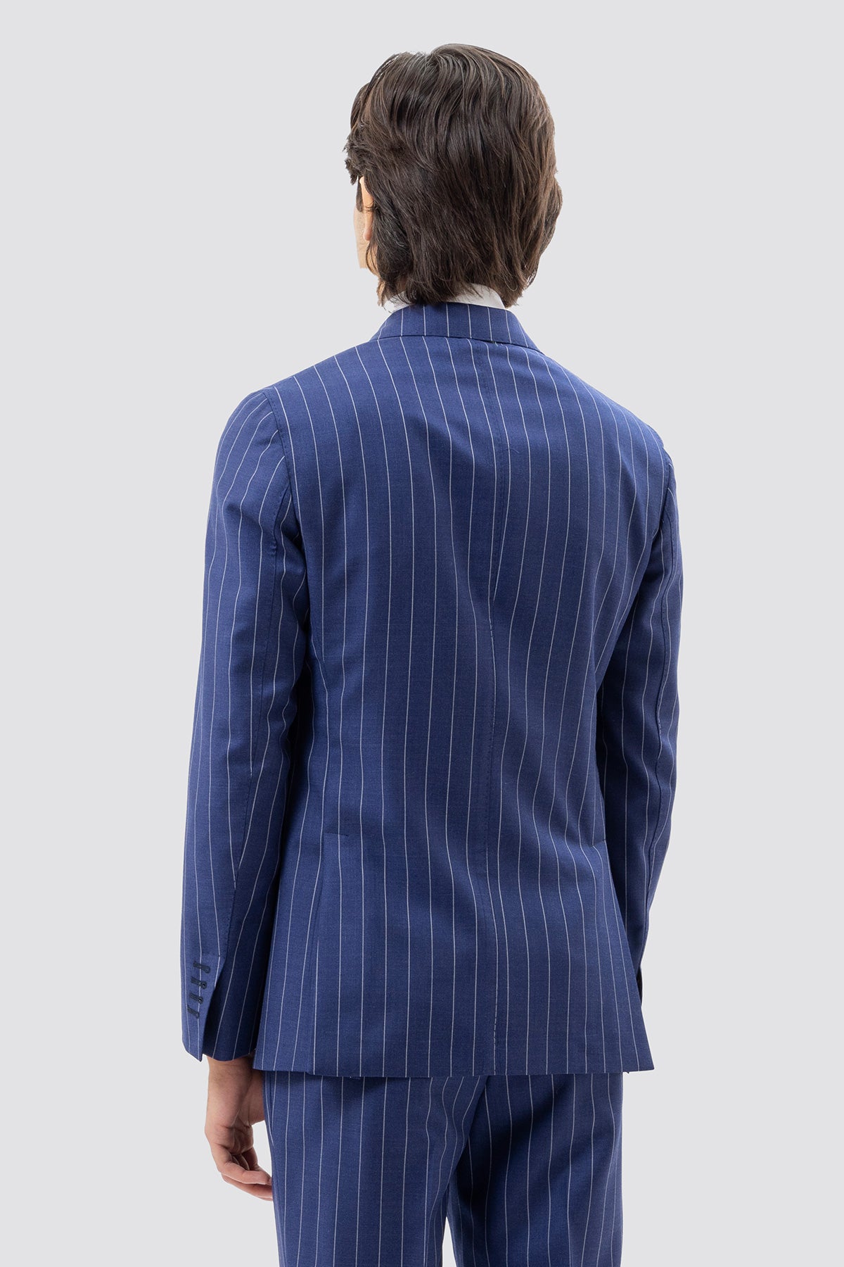 Giacca Uomo Monopetto Blu Chiaro Gessata Fresco Lana Super 150's Rever A Lancia 13cm Tasche A Filo