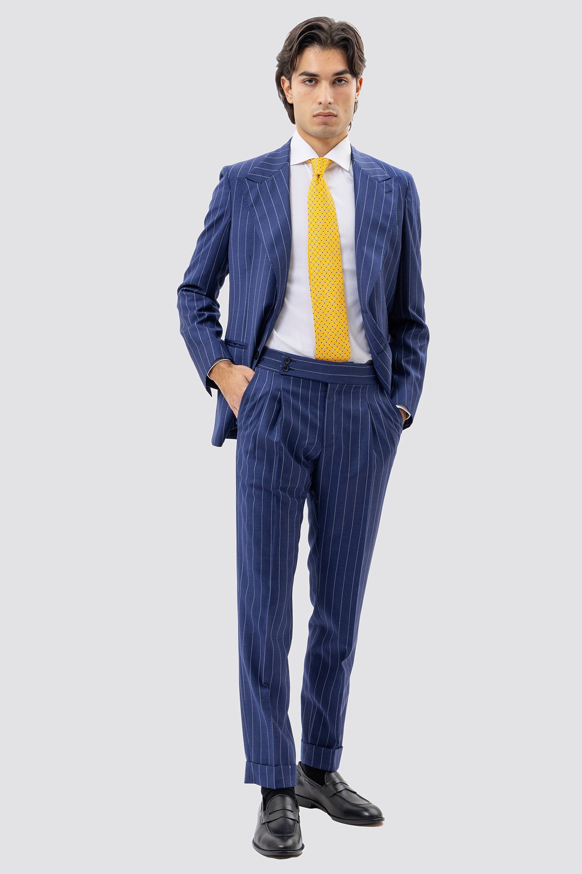 Giacca Uomo Monopetto Blu Chiaro Gessata Fresco Lana Super 150's Rever A Lancia 13cm Tasche A Filo