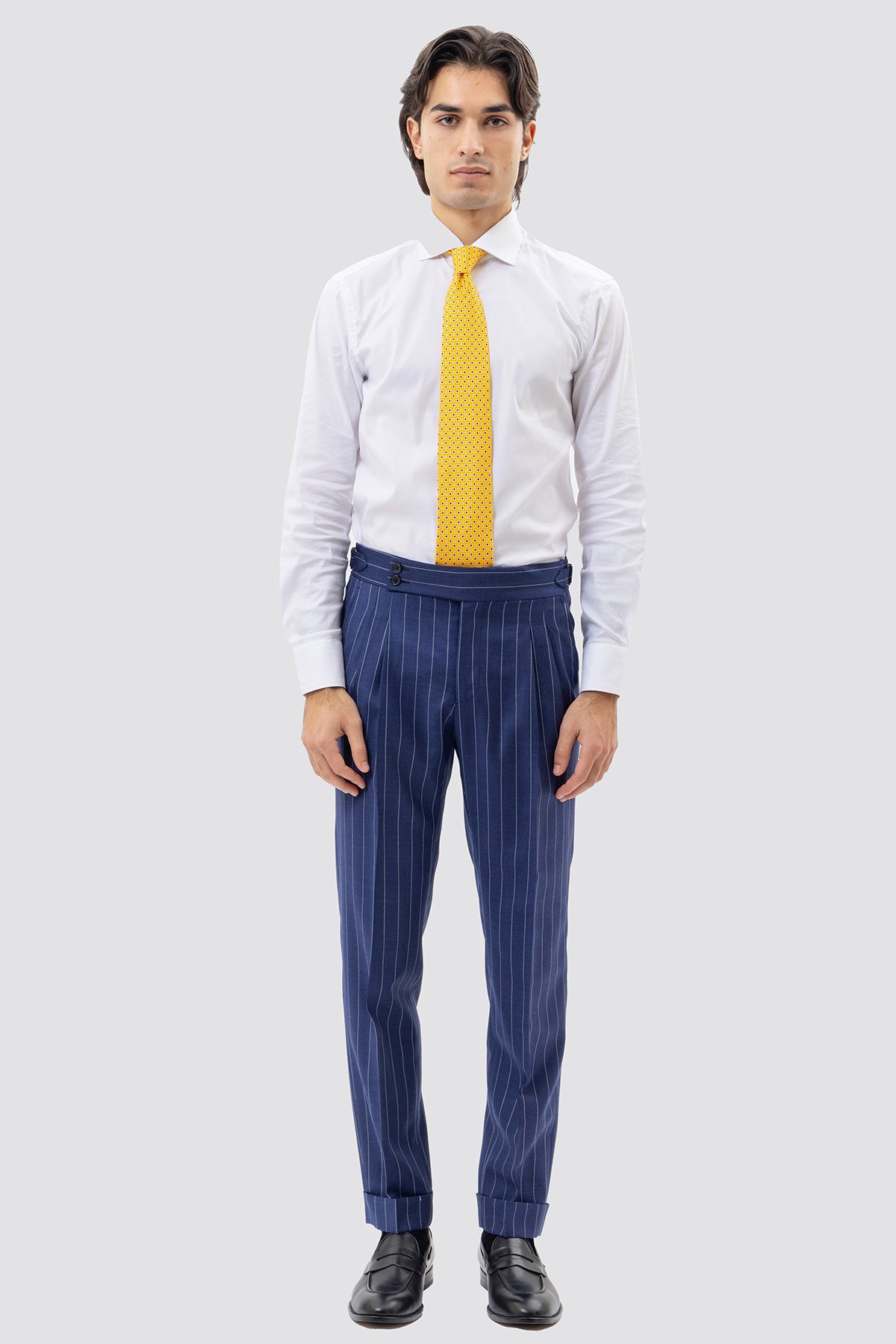 PANTALONE BLU CHIARO GESSATO BIANCO VITA  ALTA UOMO FRESCO LANA SUPER 150'S BRISTOL TESSUTI NAPOLI DOPPIA PINCES FIBBIE LATERALI E RISVOLTO 5CM
