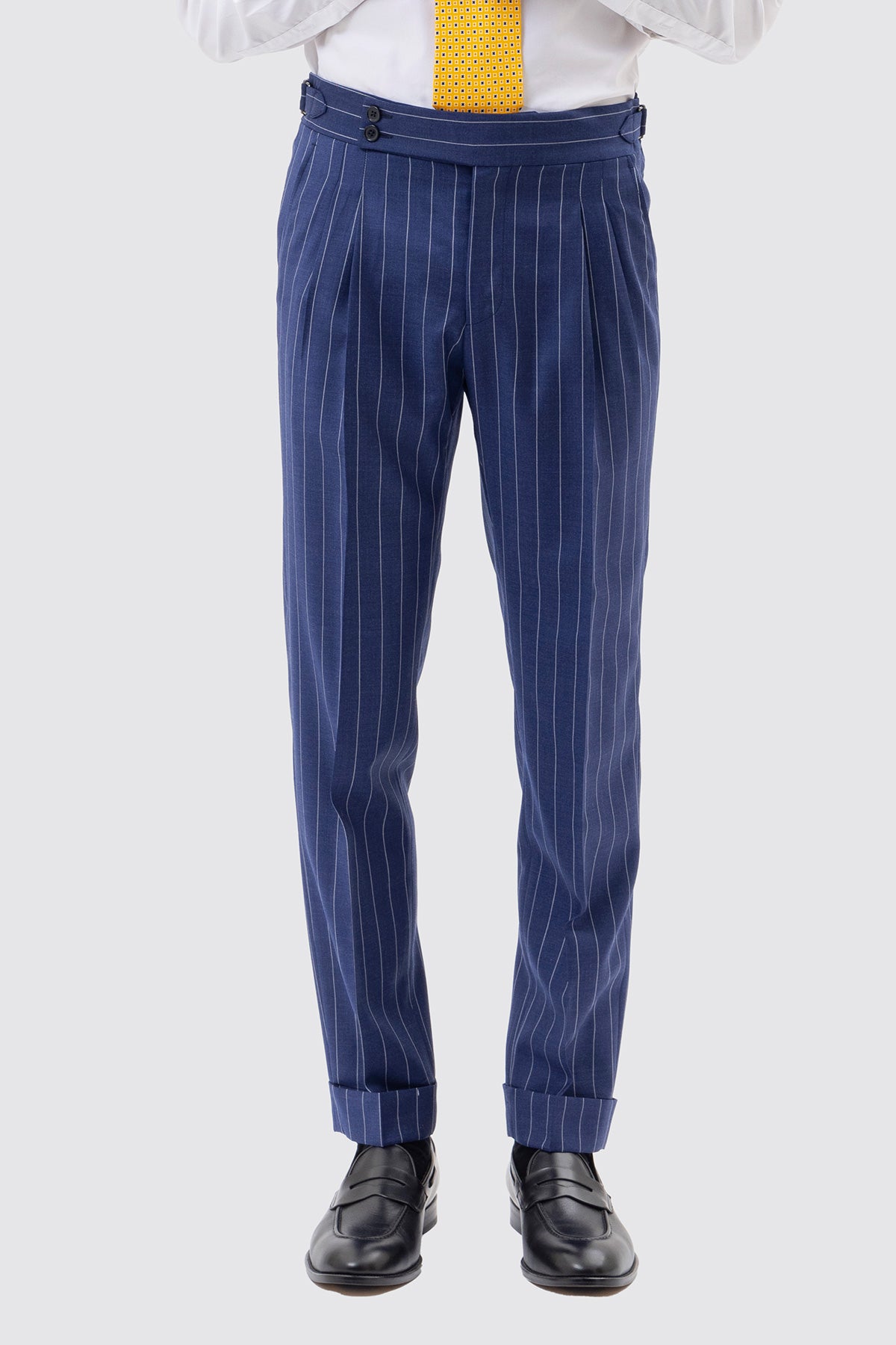 PANTALONE BLU CHIARO GESSATO BIANCO VITA  ALTA UOMO FRESCO LANA SUPER 150'S BRISTOL TESSUTI NAPOLI DOPPIA PINCES FIBBIE LATERALI E RISVOLTO 5CM
