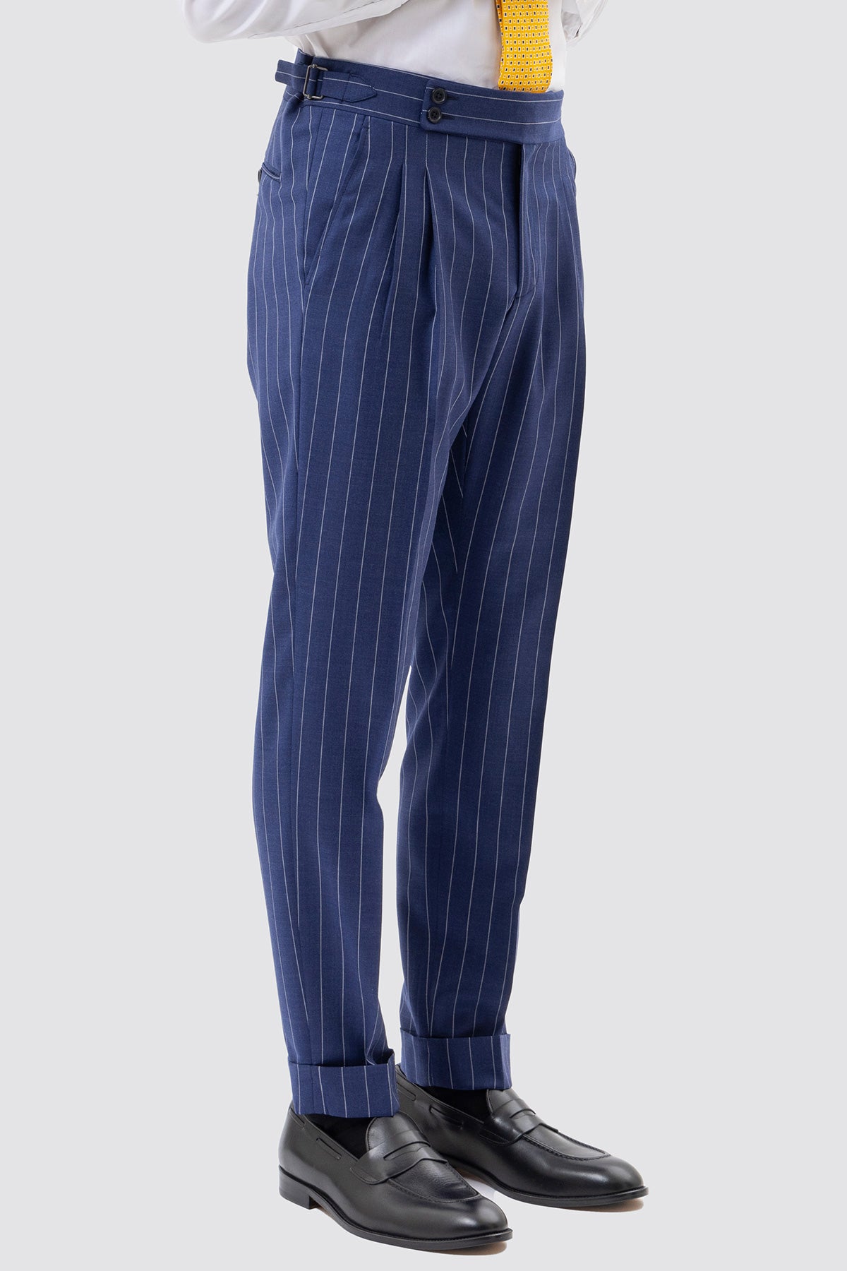 PANTALONE BLU CHIARO GESSATO BIANCO VITA  ALTA UOMO FRESCO LANA SUPER 150'S BRISTOL TESSUTI NAPOLI DOPPIA PINCES FIBBIE LATERALI E RISVOLTO 5CM