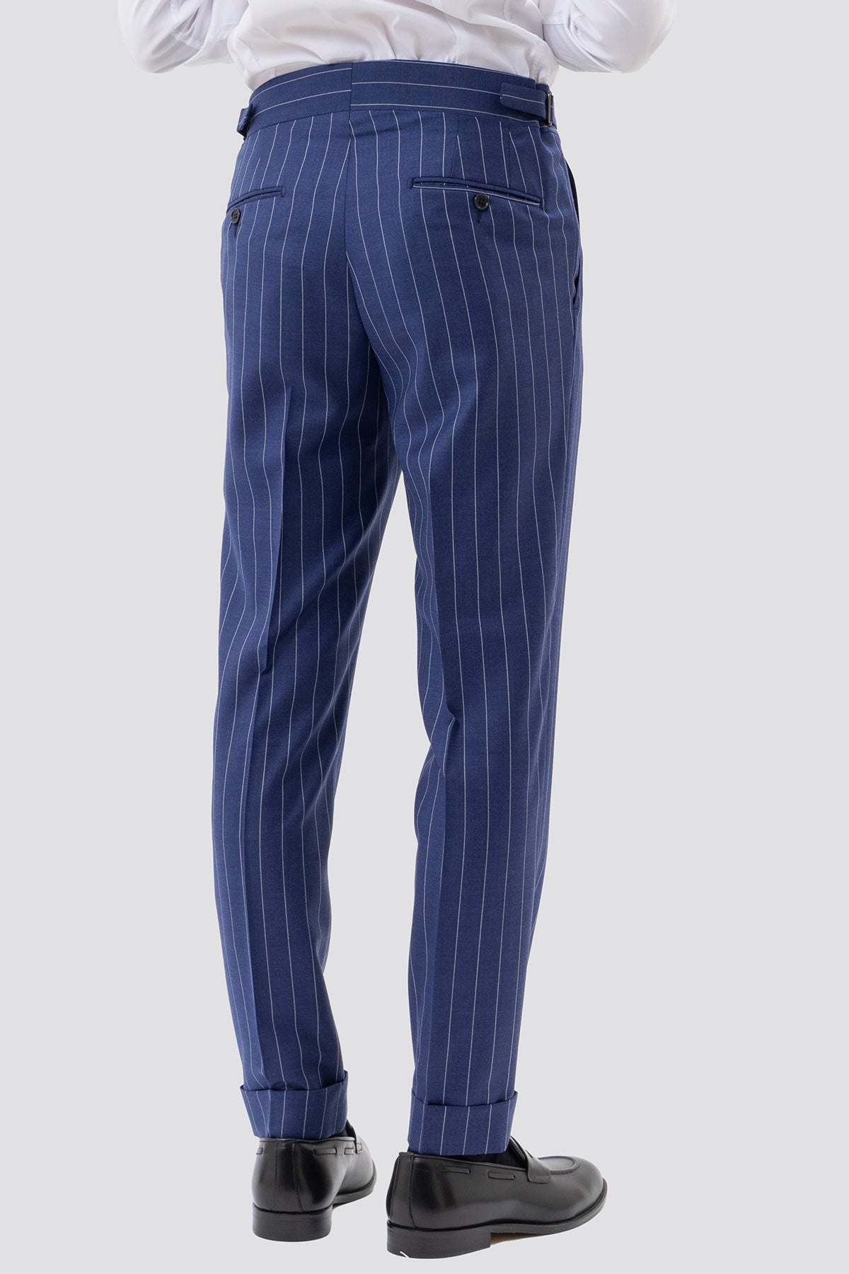 PANTALONE BLU CHIARO GESSATO BIANCO VITA  ALTA UOMO FRESCO LANA SUPER 150'S BRISTOL TESSUTI NAPOLI DOPPIA PINCES FIBBIE LATERALI E RISVOLTO 5CM