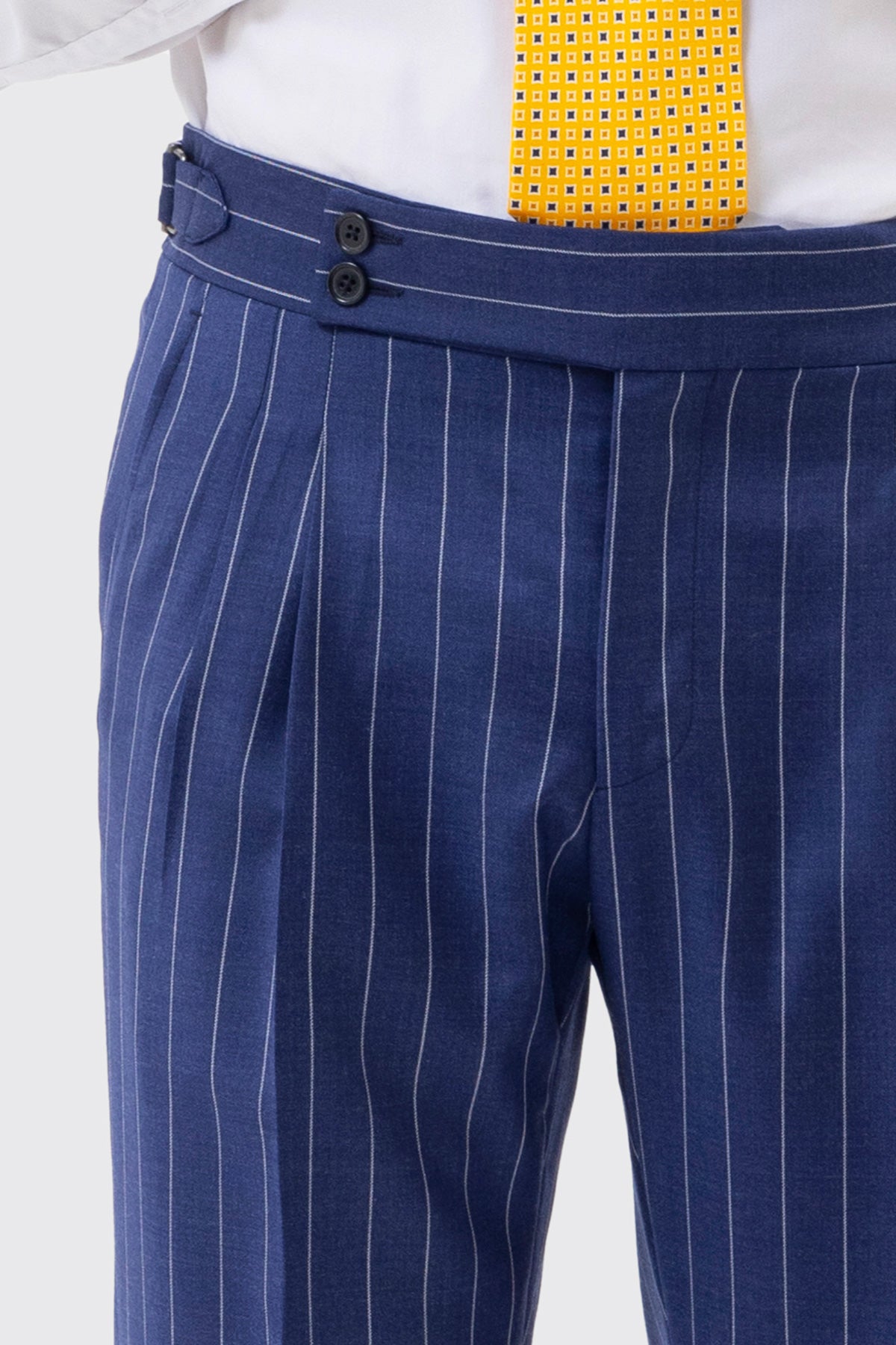 PANTALONE BLU CHIARO GESSATO BIANCO VITA  ALTA UOMO FRESCO LANA SUPER 150'S BRISTOL TESSUTI NAPOLI DOPPIA PINCES FIBBIE LATERALI E RISVOLTO 5CM
