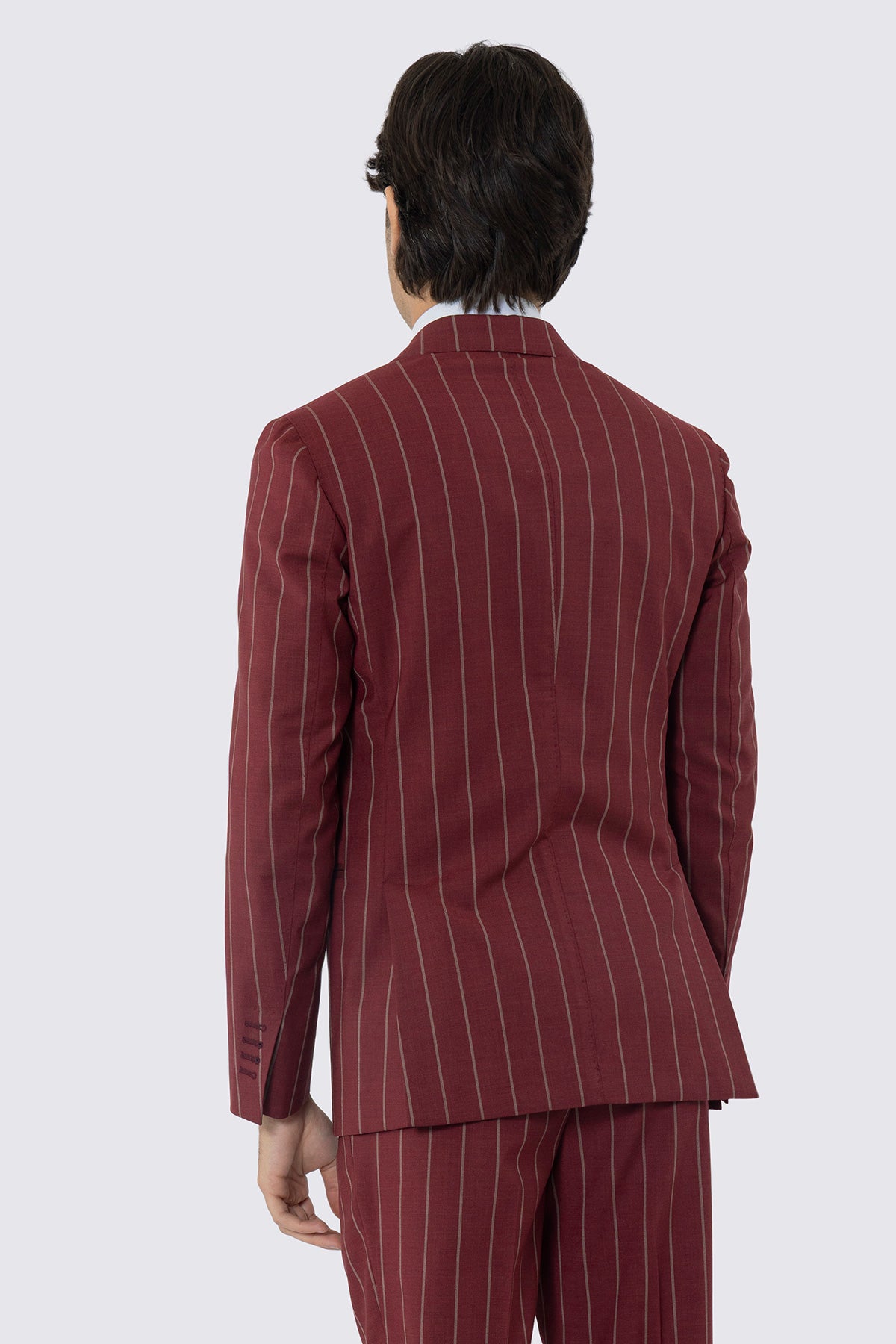Abito monopetto bordeaux gessato beige da uomo in fresco lana super 130's fordam tessuti napoli rever a lancia