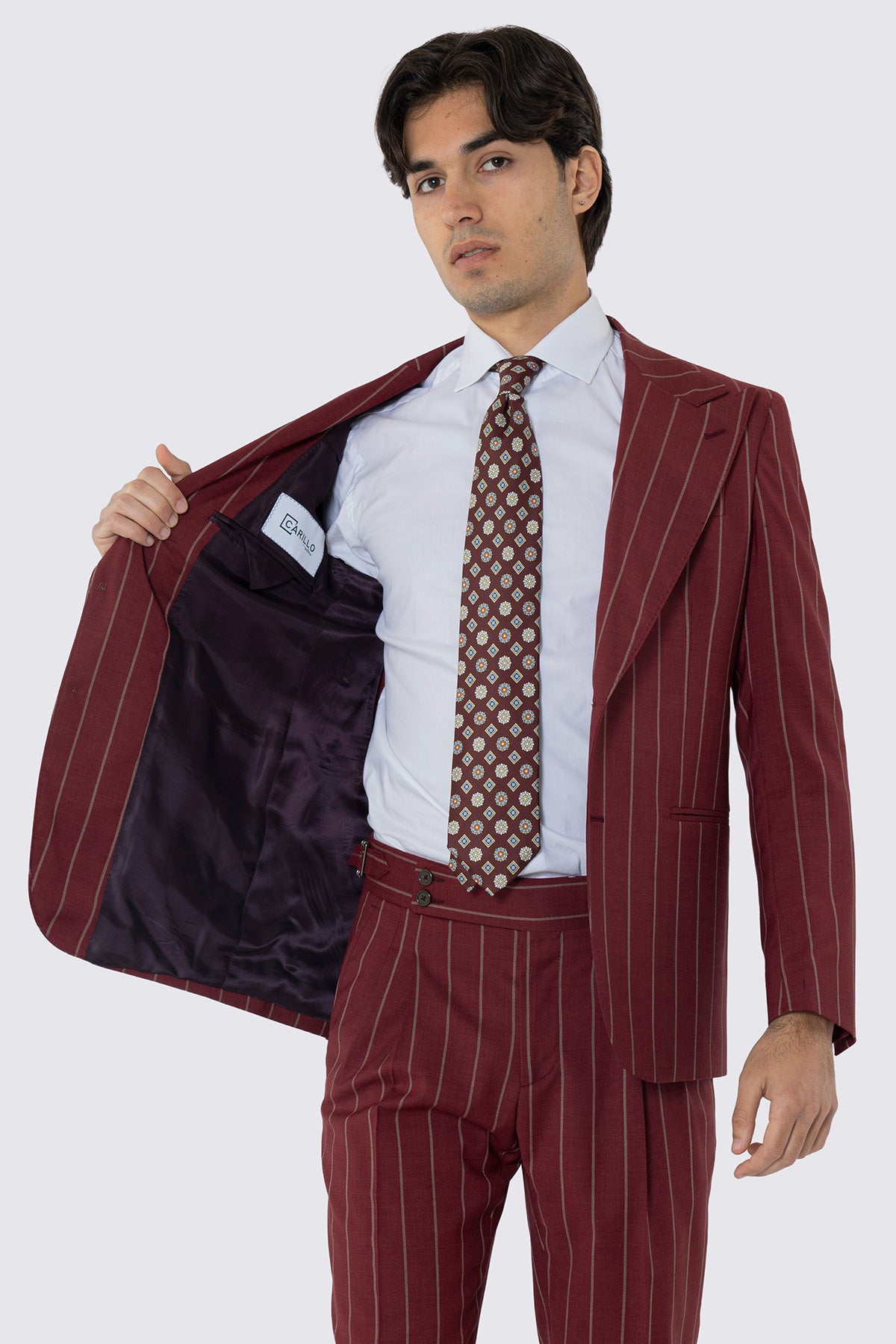 Abito monopetto bordeaux gessato beige da uomo in fresco lana super 130's fordam tessuti napoli rever a lancia