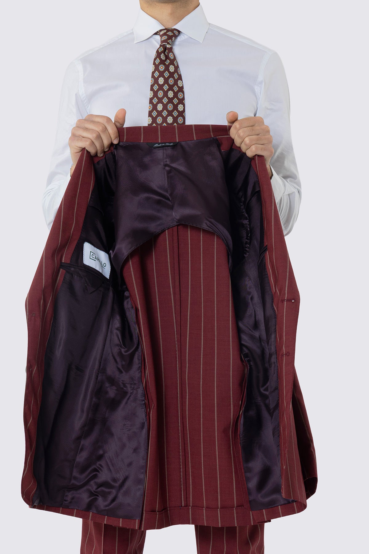 Abito monopetto bordeaux gessato beige da uomo in fresco lana super 130's fordam tessuti napoli rever a lancia