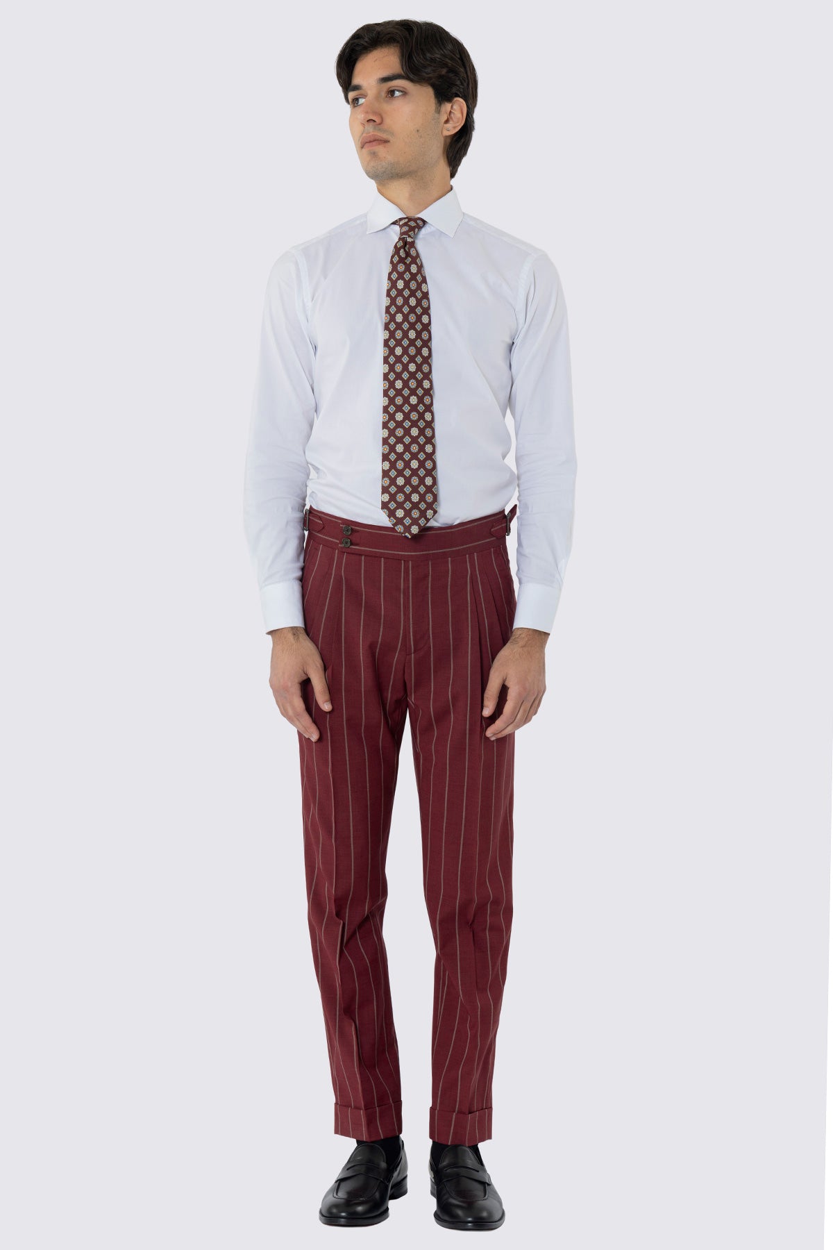 PANTALONE BORDEAUX GESSATO BEIGE VITA  ALTA UOMO FRESCO LANA SUPER 130'S FORDAM TESSUTI NAPOLI DOPPIA PINCES FIBBIE LATERALI E RISVOLTO 5CM