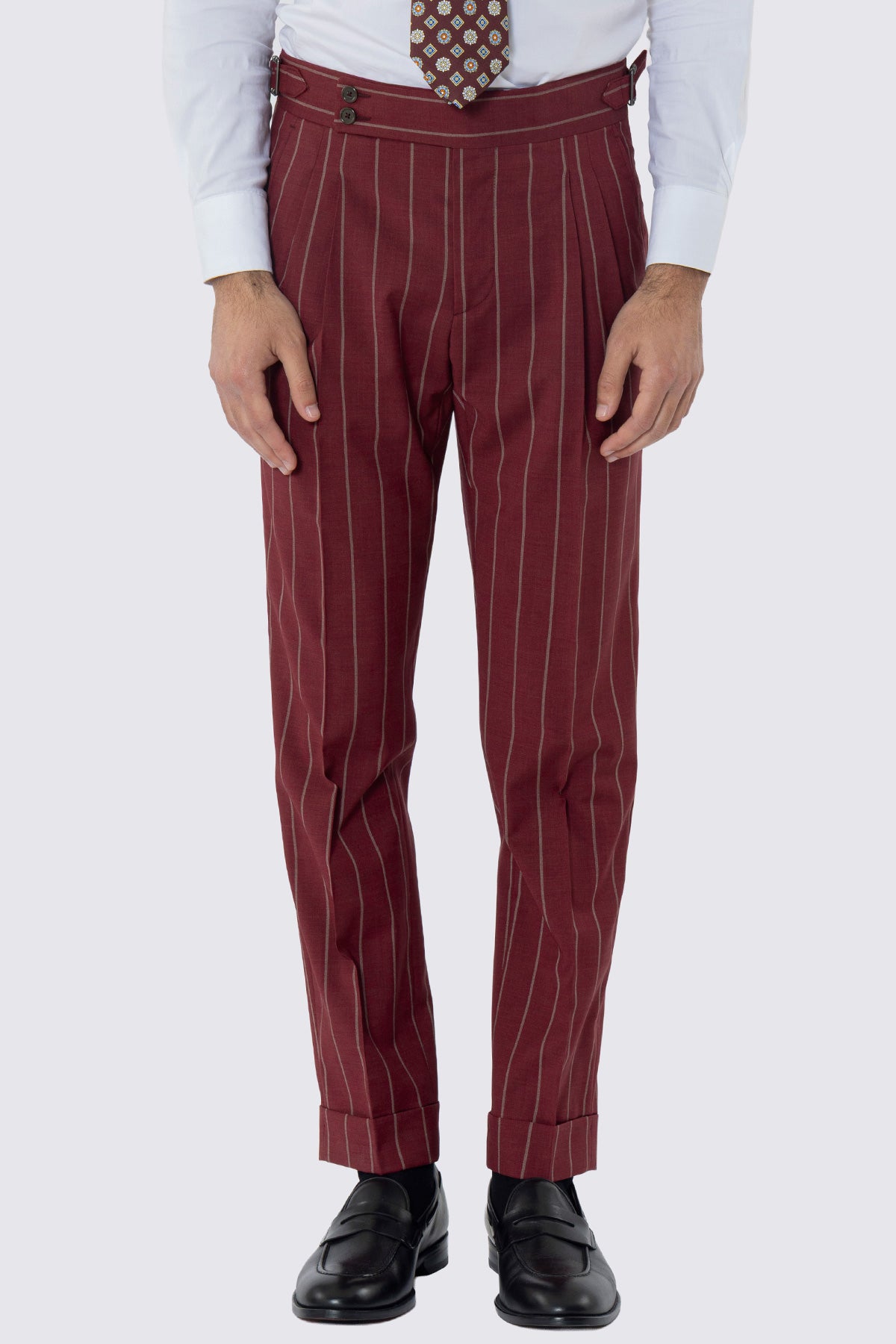 PANTALONE BORDEAUX GESSATO BEIGE VITA  ALTA UOMO FRESCO LANA SUPER 130'S FORDAM TESSUTI NAPOLI DOPPIA PINCES FIBBIE LATERALI E RISVOLTO 5CM