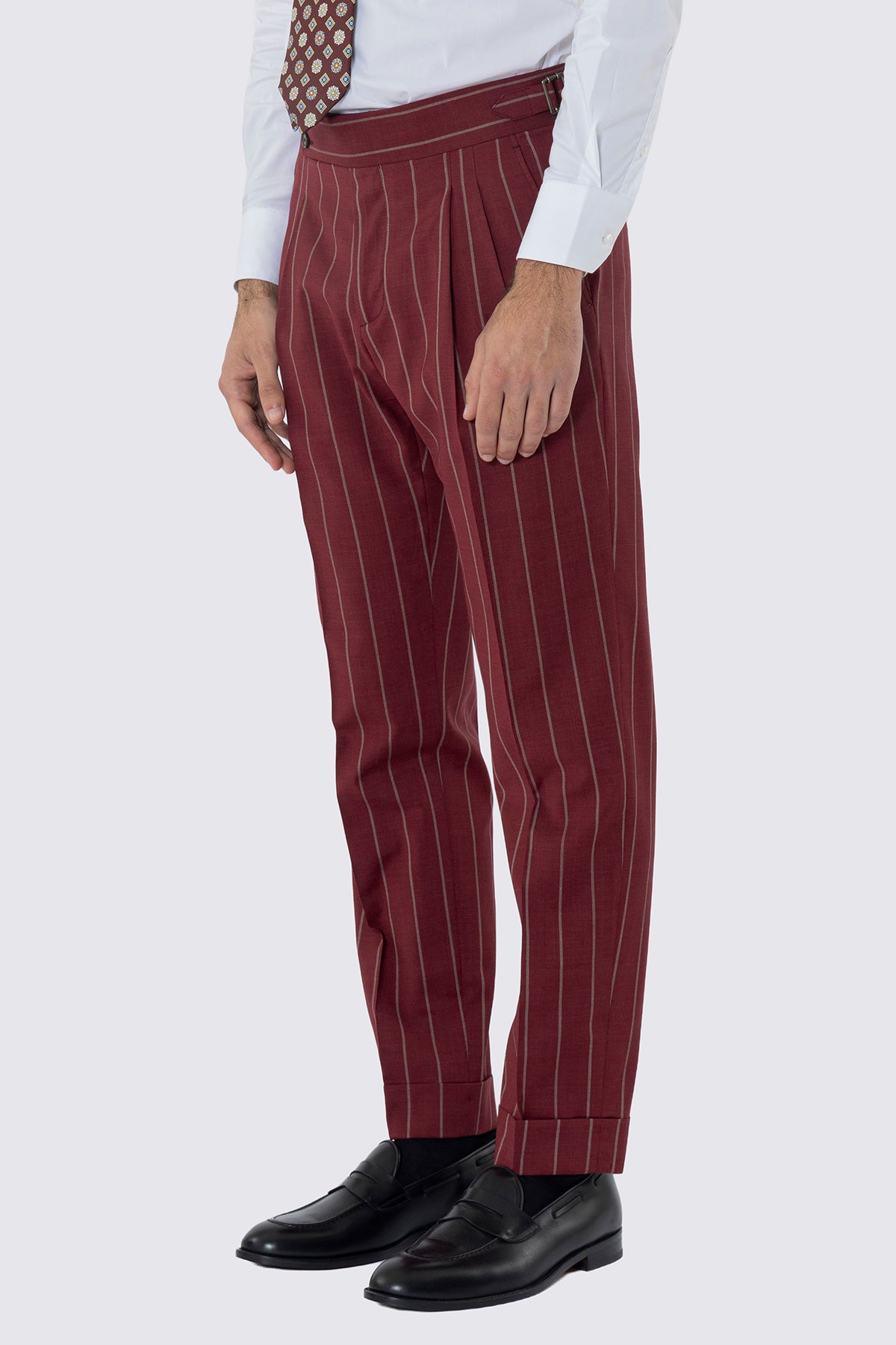 PANTALONE BORDEAUX GESSATO BEIGE VITA  ALTA UOMO FRESCO LANA SUPER 130'S FORDAM TESSUTI NAPOLI DOPPIA PINCES FIBBIE LATERALI E RISVOLTO 5CM