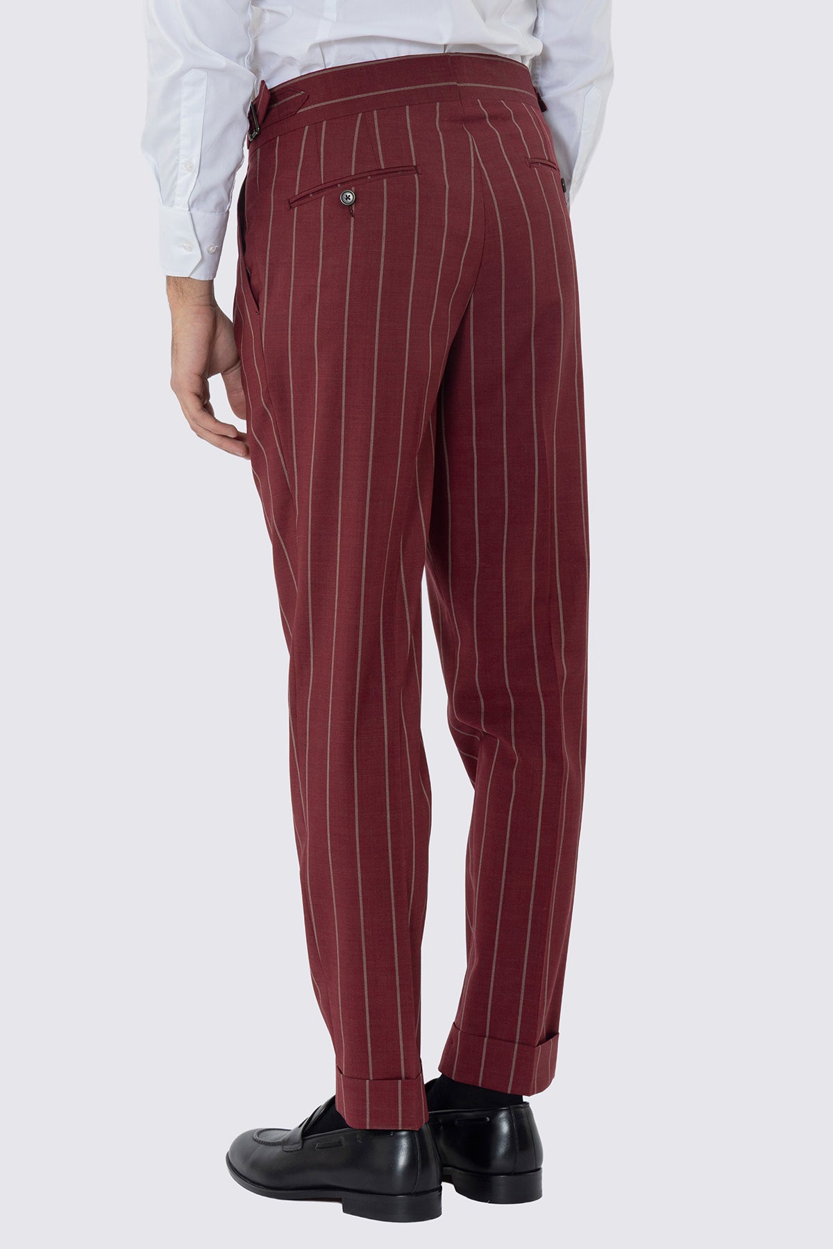 PANTALONE BORDEAUX GESSATO BEIGE VITA  ALTA UOMO FRESCO LANA SUPER 130'S FORDAM TESSUTI NAPOLI DOPPIA PINCES FIBBIE LATERALI E RISVOLTO 5CM