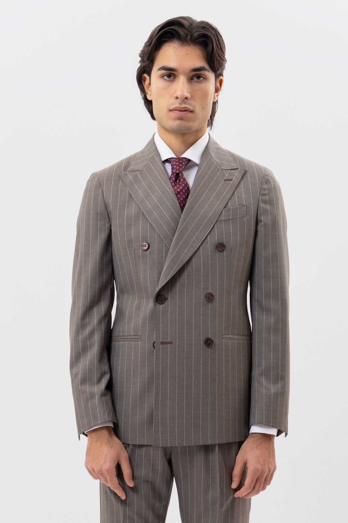 Giacca Doppiopetto Fango Gessata Beige Uomo In Fresco Lana Super 130's Vitale Barberis Canonico Con Rever A Lancia Tasche A Filo