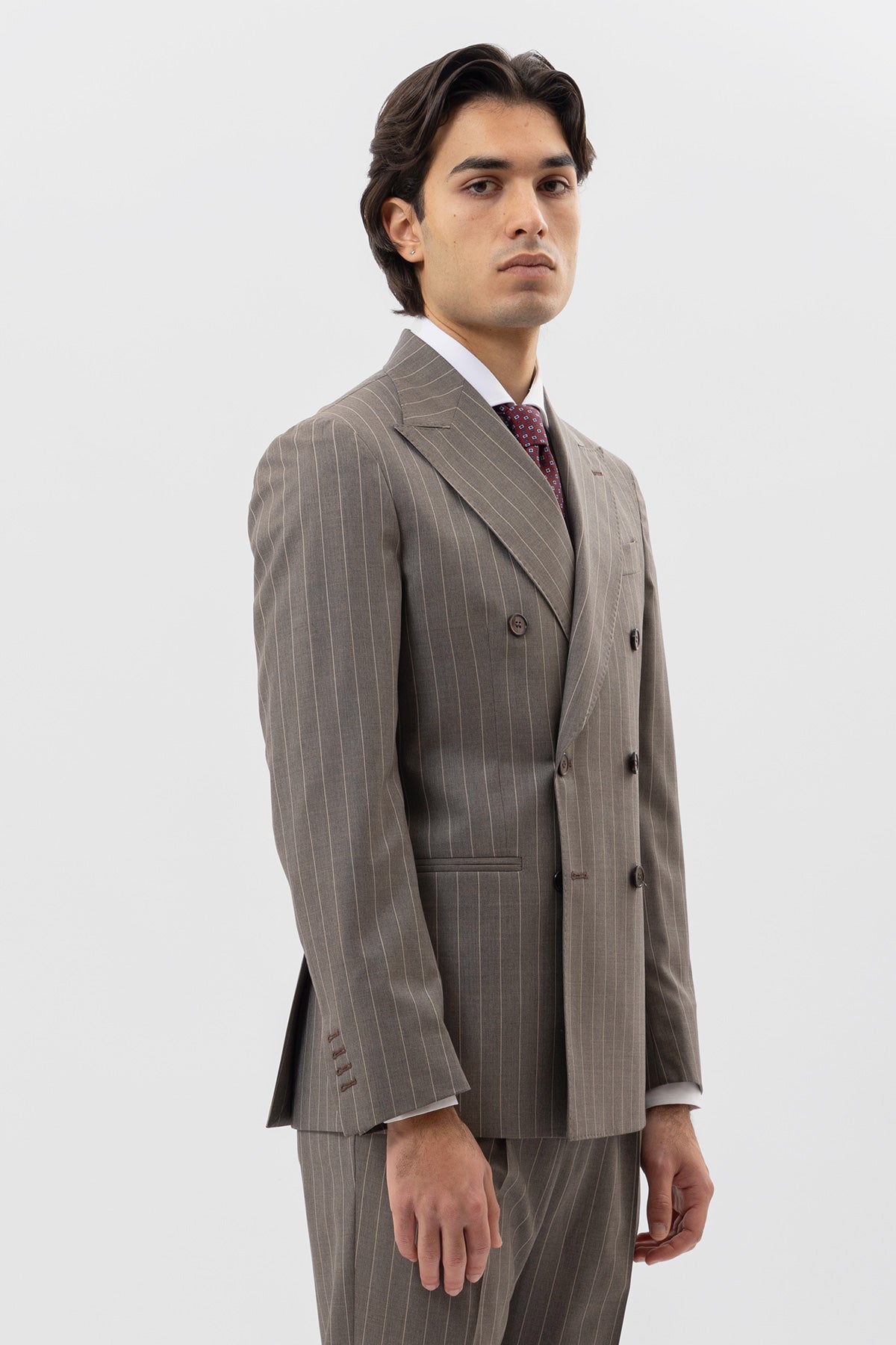 Abito Doppiopetto Fango Gessata Beige Uomo In Fresco Lana Super 130's Vitale Barberis Canonico Con Rever A Lancia Tasche A Filo