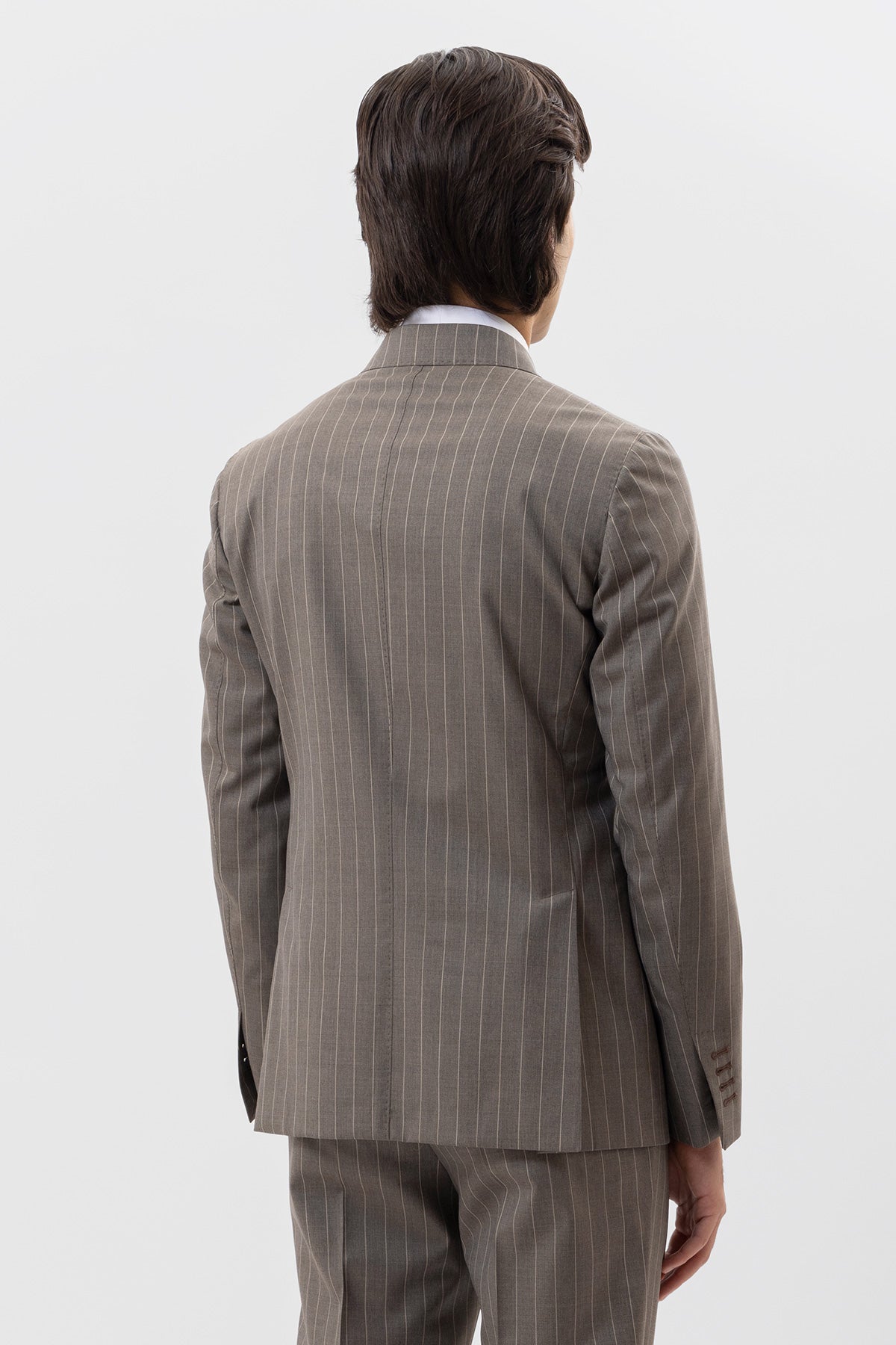 Giacca Doppiopetto Fango Gessata Beige Uomo In Fresco Lana Super 130's Vitale Barberis Canonico Con Rever A Lancia Tasche A Filo