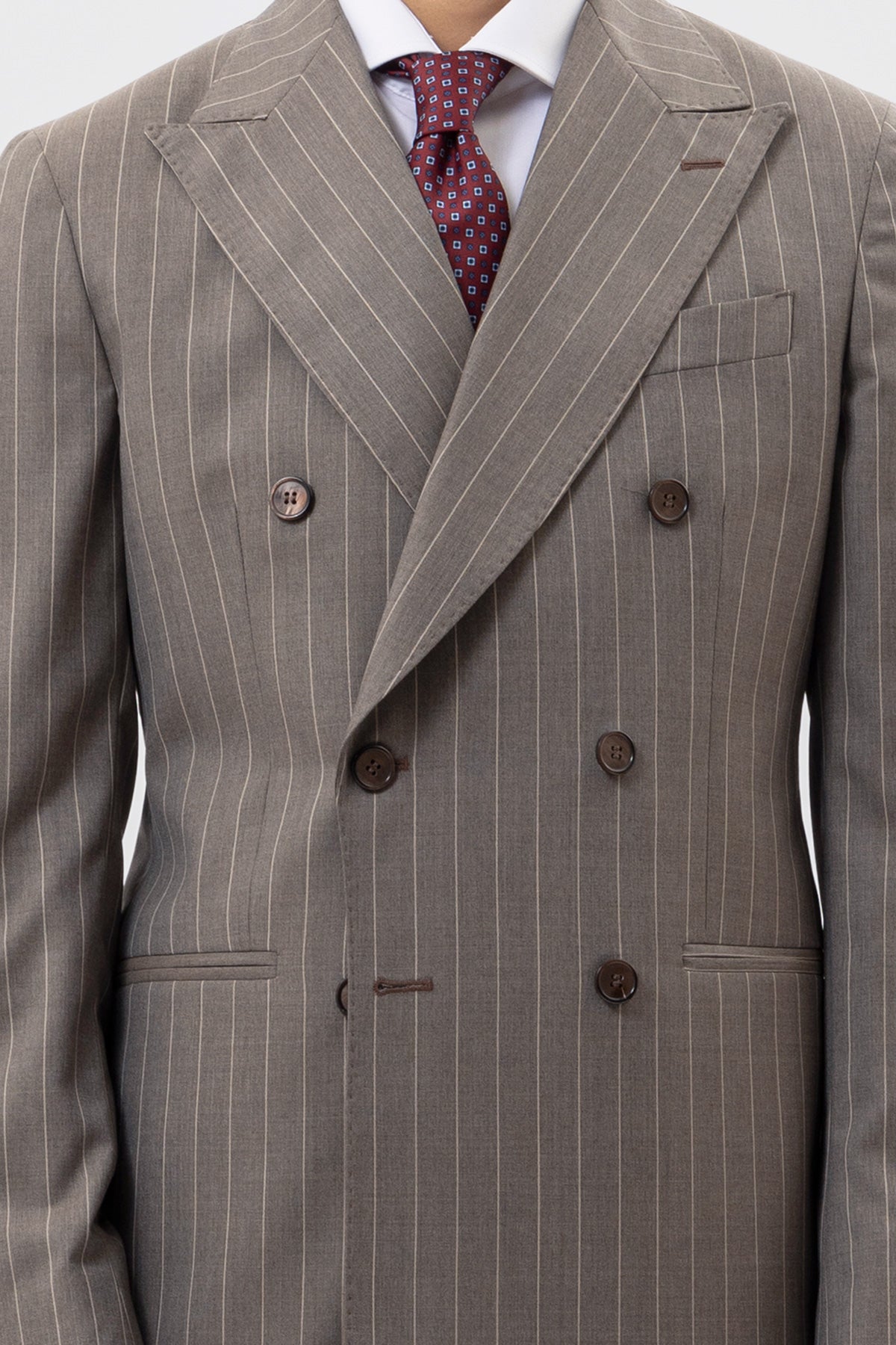 Abito Doppiopetto Fango Gessata Beige Uomo In Fresco Lana Super 130's Vitale Barberis Canonico Con Rever A Lancia Tasche A Filo