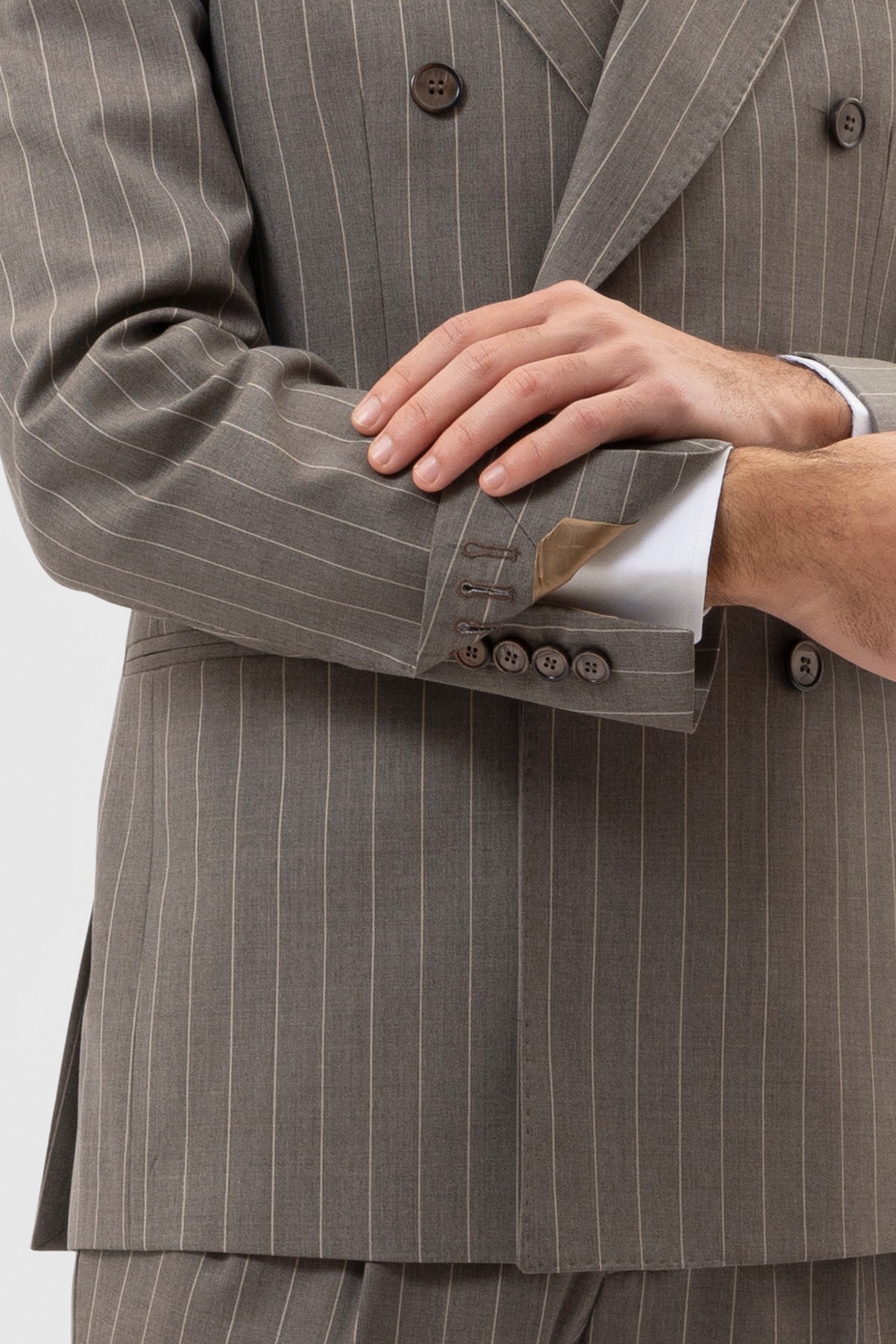 Giacca Doppiopetto Fango Gessata Beige Uomo In Fresco Lana Super 130's Vitale Barberis Canonico Con Rever A Lancia Tasche A Filo