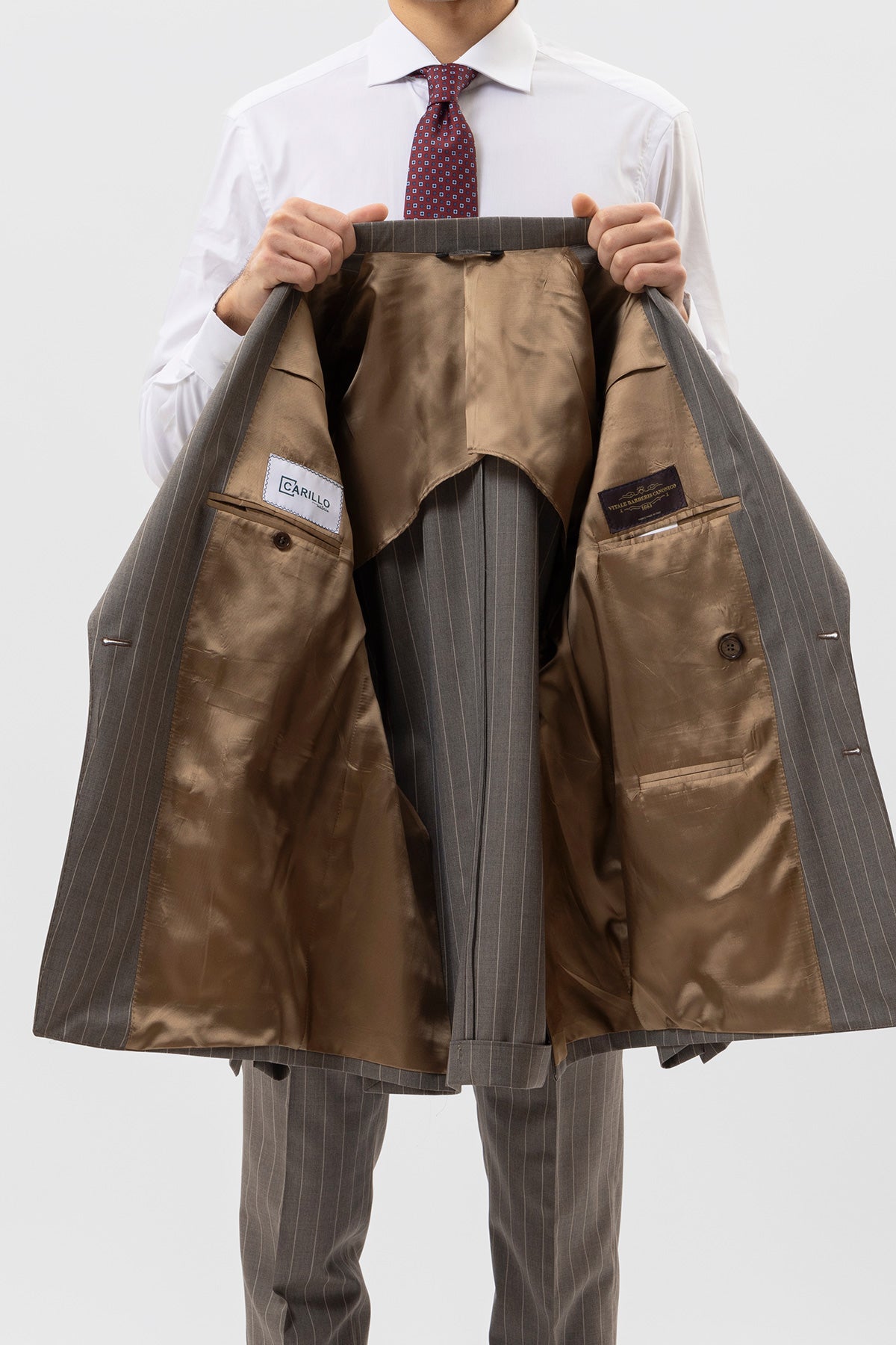 Giacca Doppiopetto Fango Gessata Beige Uomo In Fresco Lana Super 130's Vitale Barberis Canonico Con Rever A Lancia Tasche A Filo