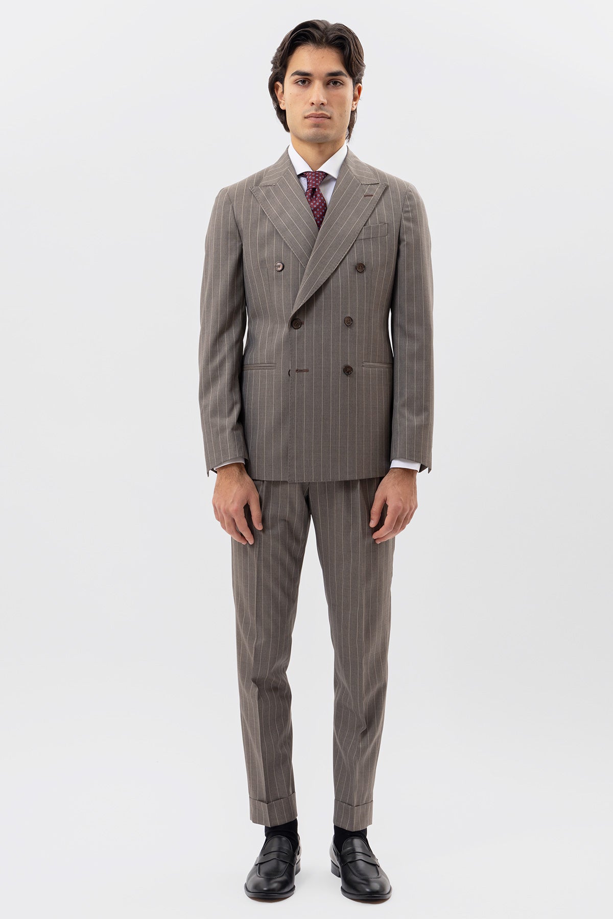Giacca Doppiopetto Fango Gessata Beige Uomo In Fresco Lana Super 130's Vitale Barberis Canonico Con Rever A Lancia Tasche A Filo