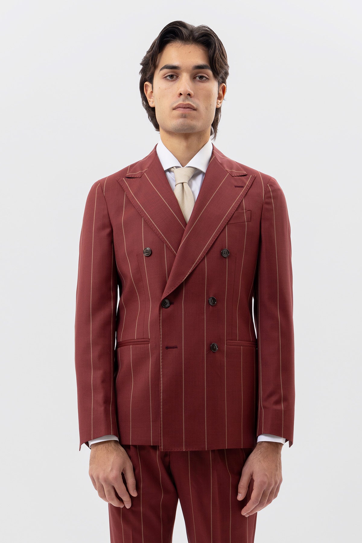Giacca Doppiopetto Bordeaux Gessata Beige Uomo Fresco Lana Super 130's Fordam Tessuti Napoli Rever A Lancia