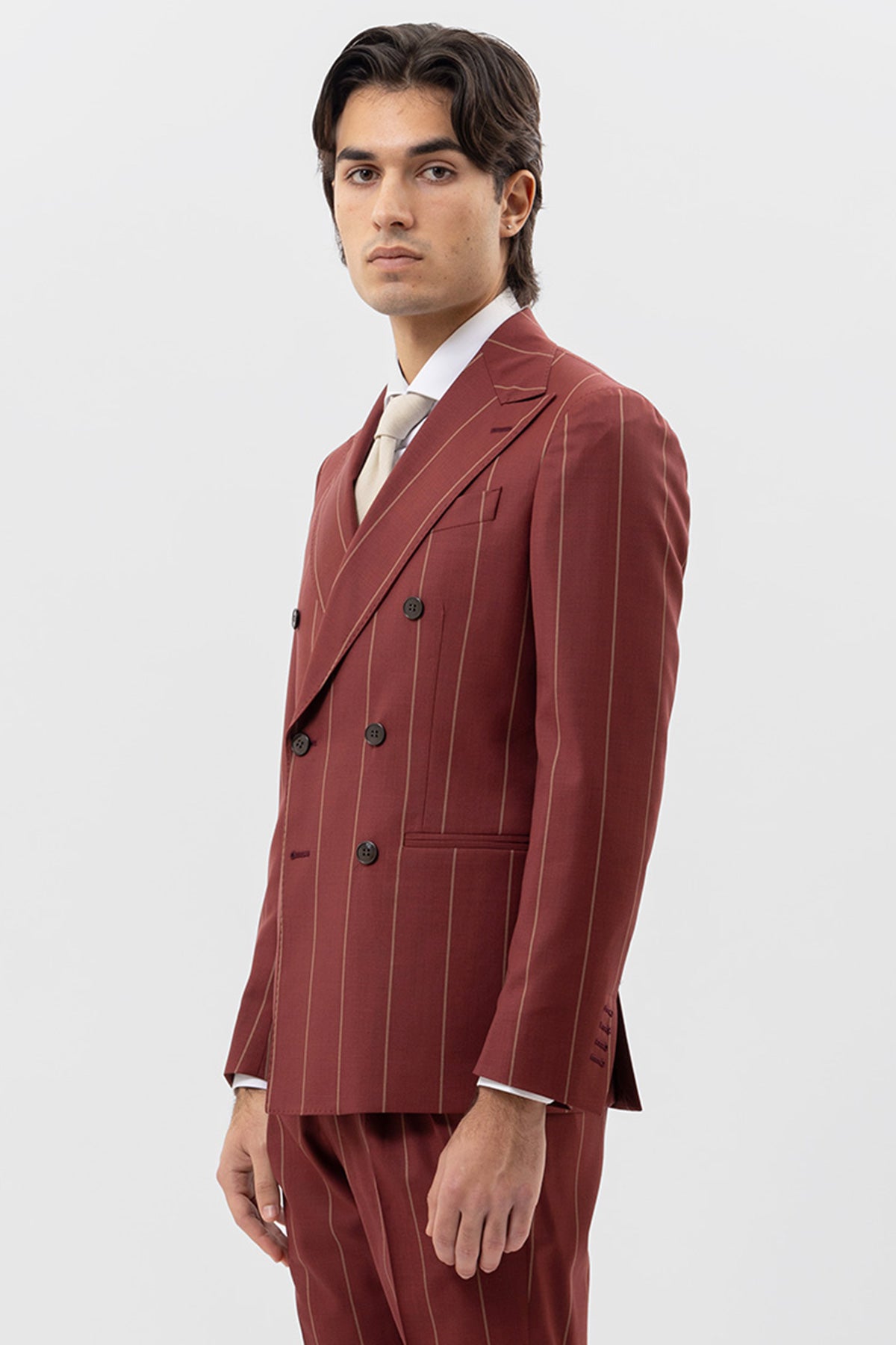 Giacca Doppiopetto Bordeaux Gessata Beige Uomo Fresco Lana Super 130's Fordam Tessuti Napoli Rever A Lancia