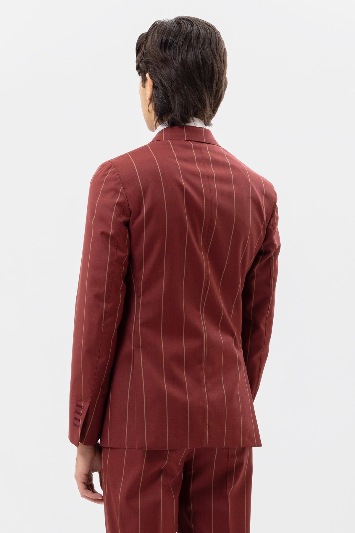 Giacca Doppiopetto Bordeaux Gessata Beige Uomo Fresco Lana Super 130's Fordam Tessuti Napoli Rever A Lancia