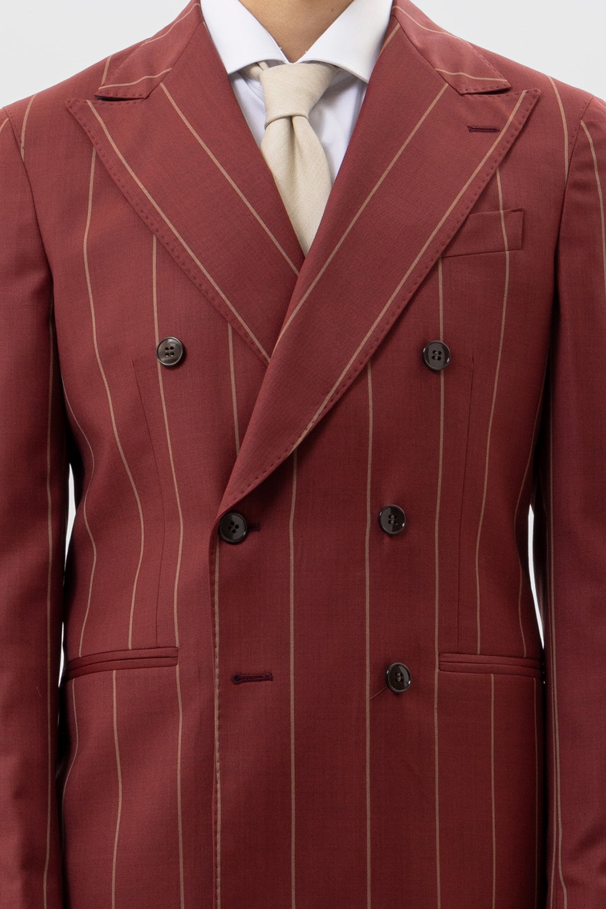 Giacca Doppiopetto Bordeaux Gessata Beige Uomo Fresco Lana Super 130's Fordam Tessuti Napoli Rever A Lancia