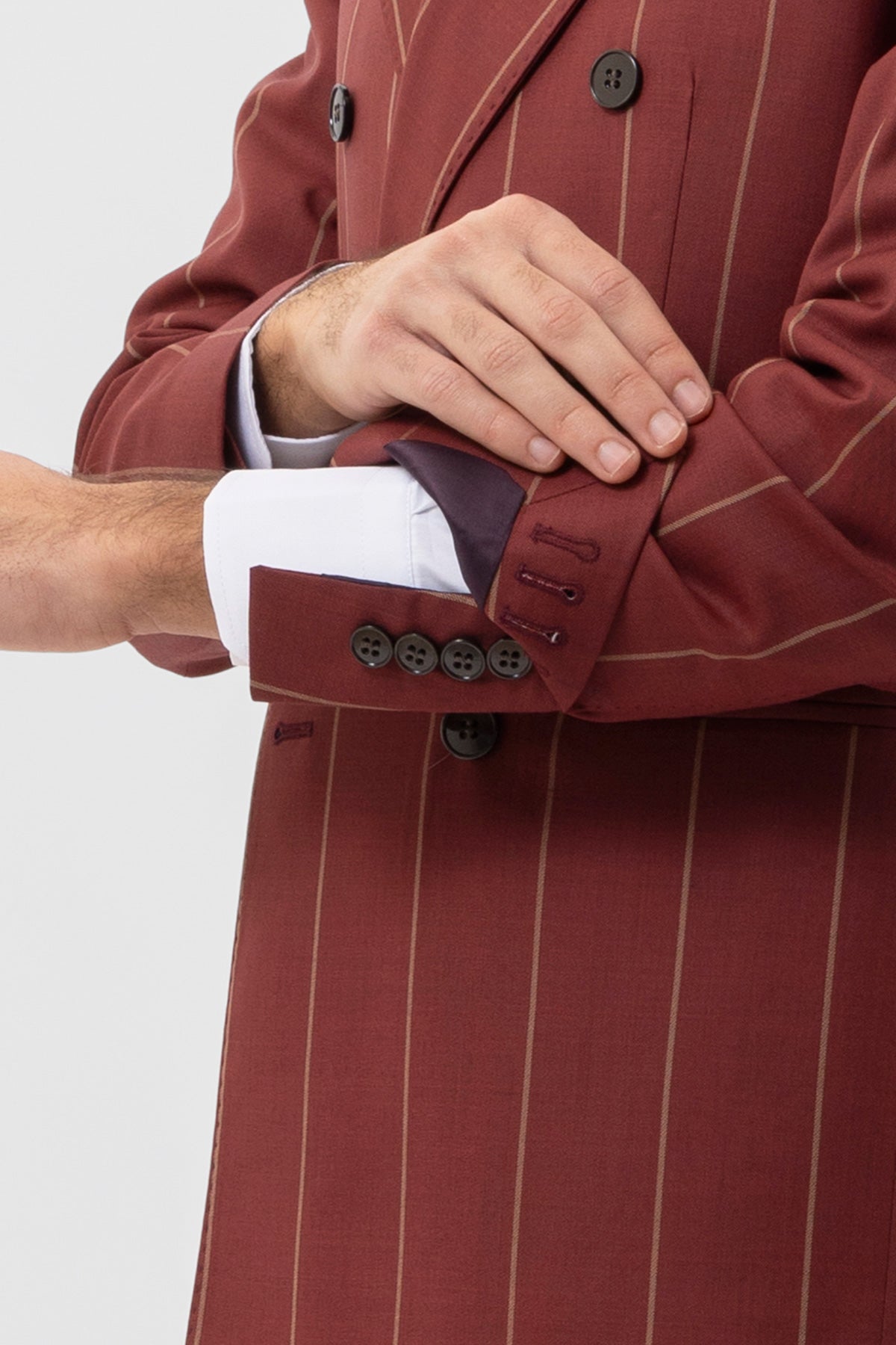 Giacca Doppiopetto Bordeaux Gessata Beige Uomo Fresco Lana Super 130's Fordam Tessuti Napoli Rever A Lancia