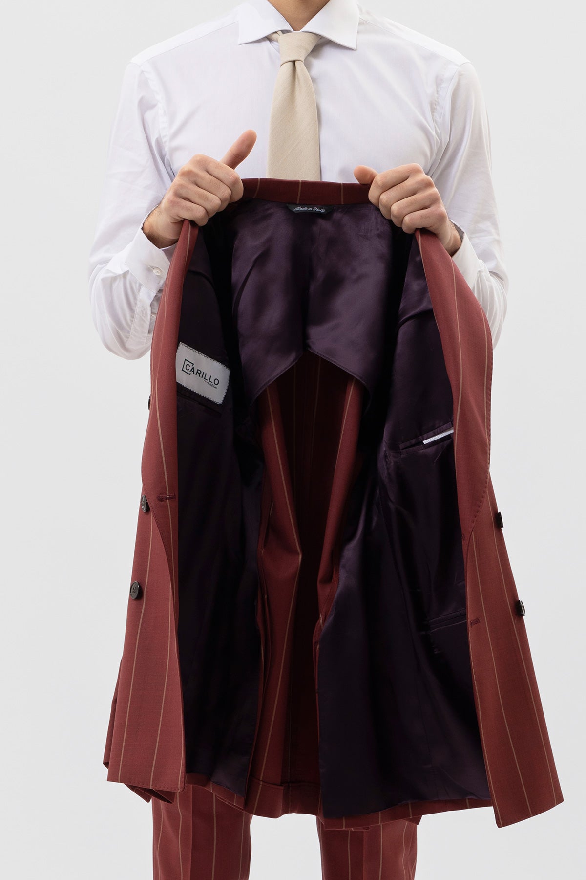 Giacca Doppiopetto Bordeaux Gessata Beige Uomo Fresco Lana Super 130's Fordam Tessuti Napoli Rever A Lancia