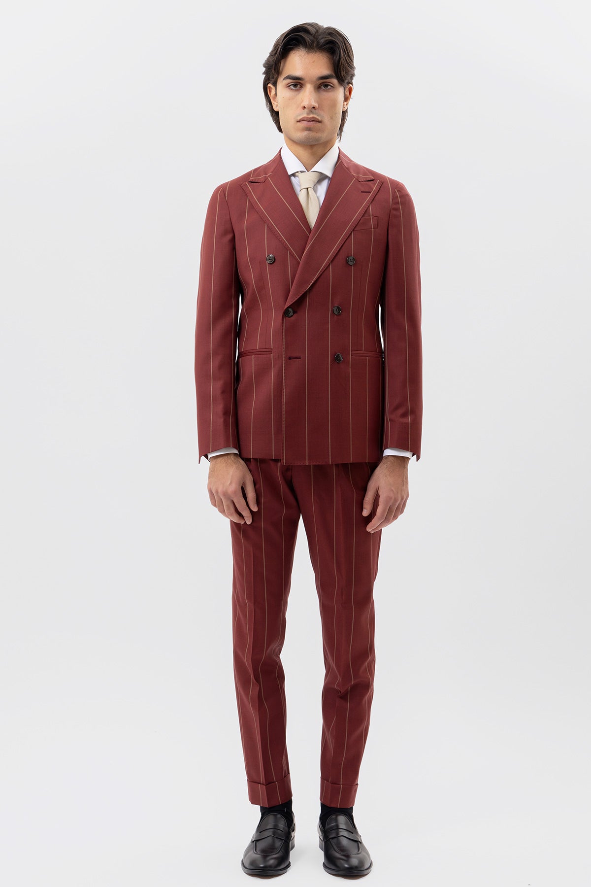 Giacca Doppiopetto Bordeaux Gessata Beige Uomo Fresco Lana Super 130's Fordam Tessuti Napoli Rever A Lancia