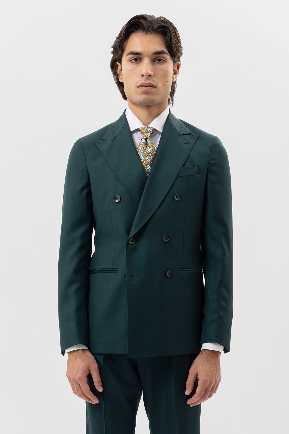 Giacca Doppiopetto Verde Bottiglia Uomo Fresco Lana Super 140's Worsted Holland & Sherry Rever A Lancia