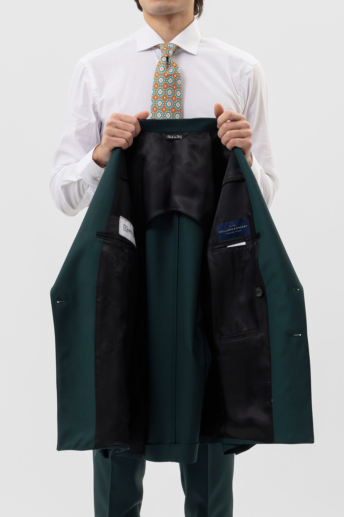 Giacca Doppiopetto Verde Bottiglia Uomo Fresco Lana Super 140's Worsted Holland & Sherry Rever A Lancia