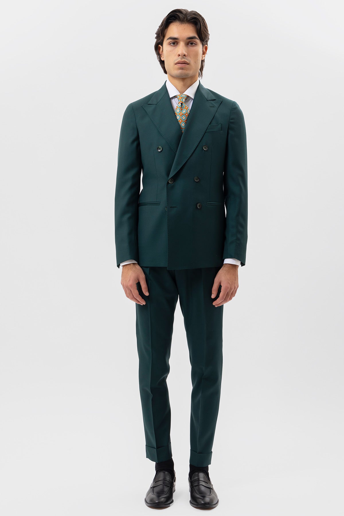 Giacca Doppiopetto Verde Bottiglia Uomo Fresco Lana Super 140's Worsted Holland & Sherry Rever A Lancia
