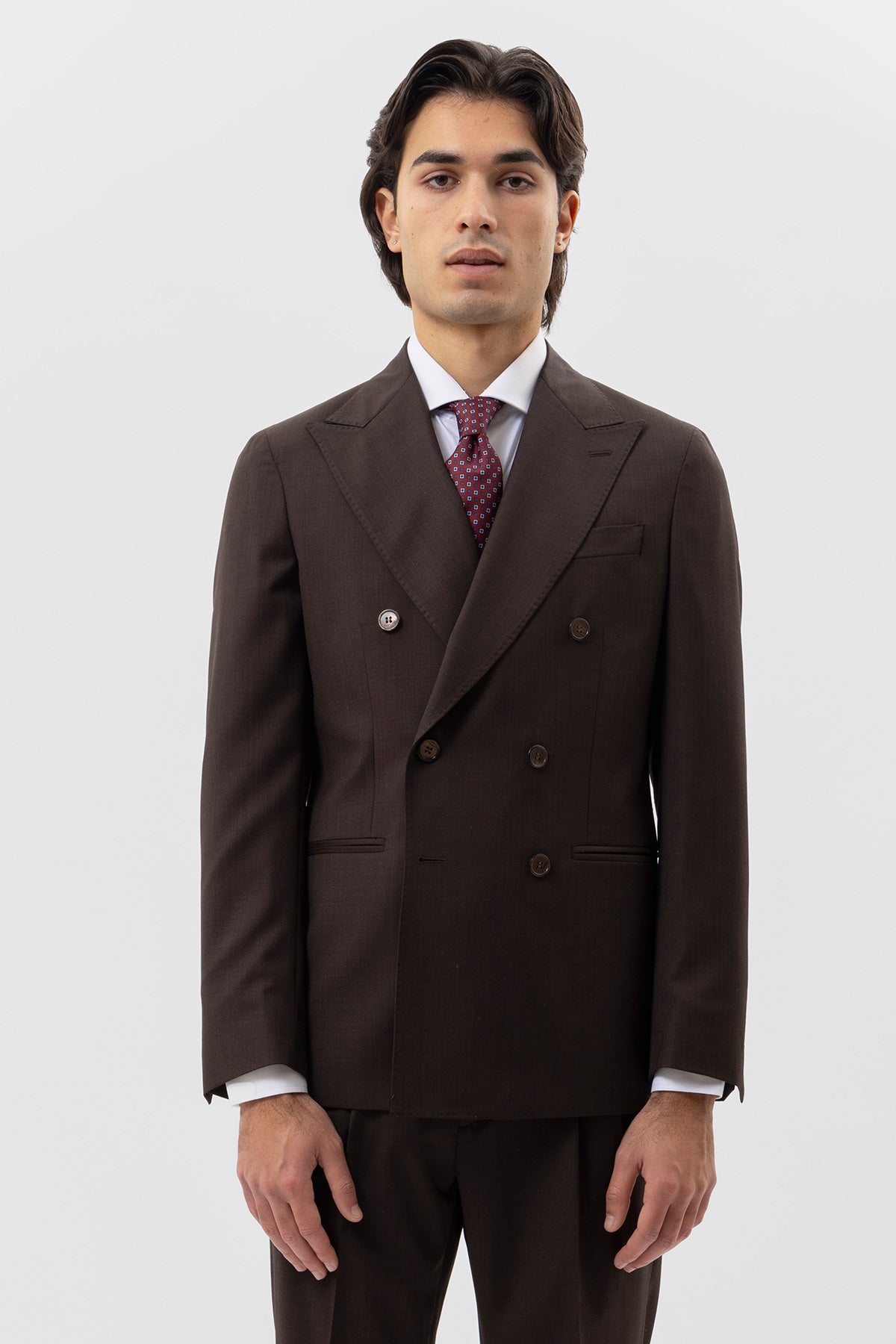 Giacca Doppiopetto Marrone Uomo In Fresco Lana Super 120's Holland & Sherry Tasche A Filo E Rever 13cm