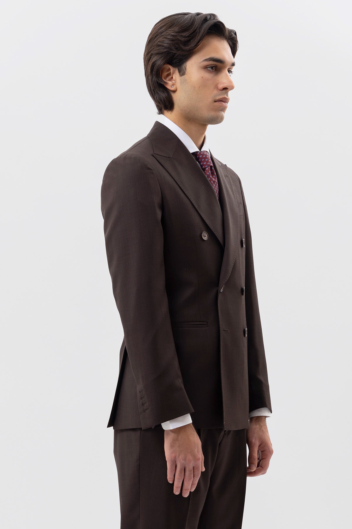 Giacca Doppiopetto Marrone Uomo In Fresco Lana Super 120's Holland & Sherry Tasche A Filo E Rever 13cm