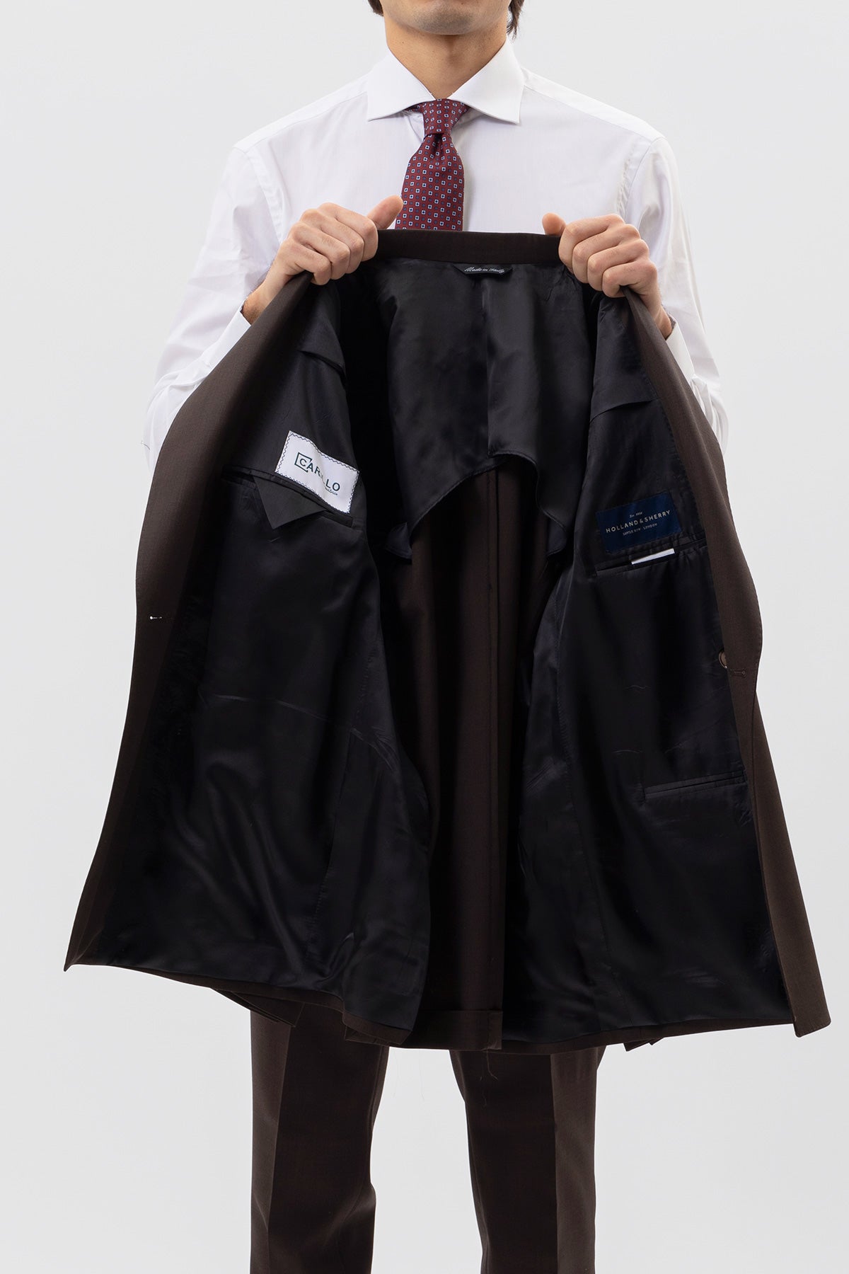 Giacca Doppiopetto Marrone Uomo In Fresco Lana Super 120's Holland & Sherry Tasche A Filo E Rever 13cm