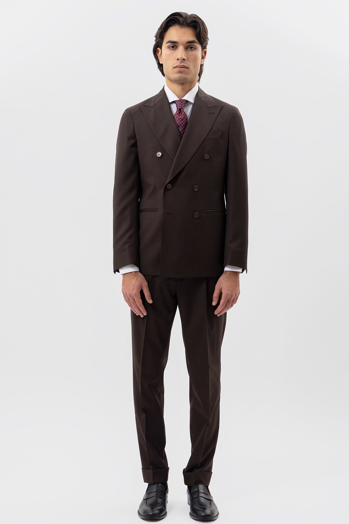 Giacca Doppiopetto Marrone Uomo In Fresco Lana Super 120's Holland & Sherry Tasche A Filo E Rever 13cm