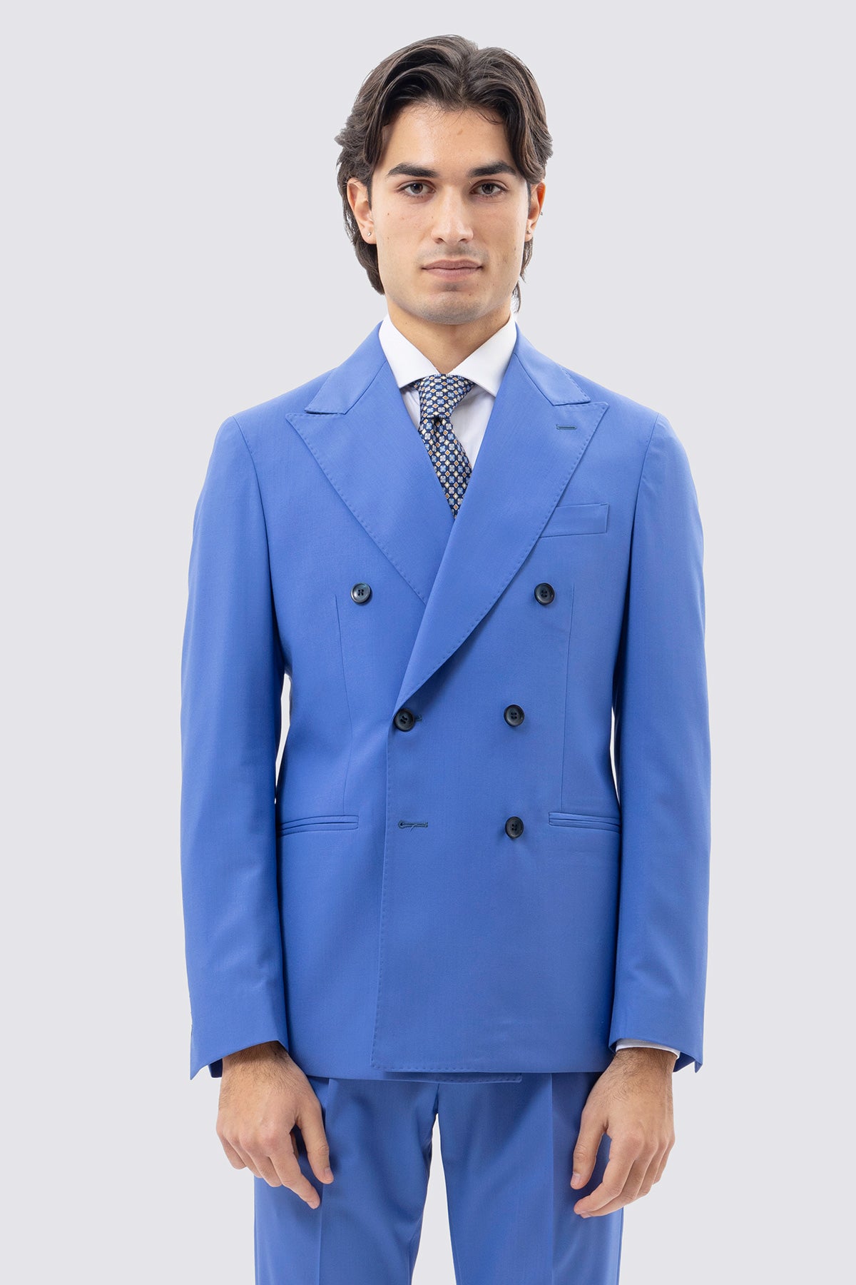 Giacca Doppiopetto Azzurra Uomo In Fresco Lana Super 130's Vitale Barberis Canonico Con Rever A Lancia Tasche A Filo