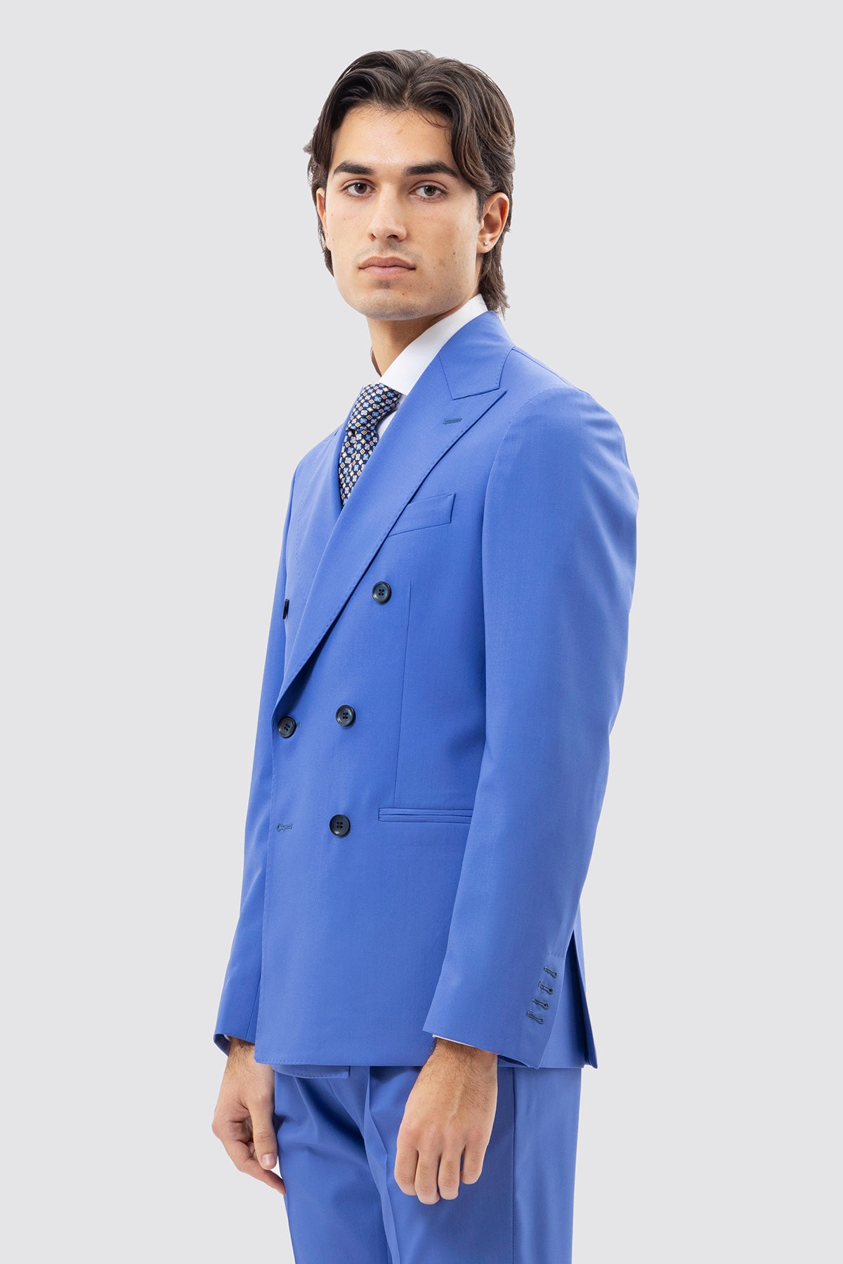 Giacca Doppiopetto Azzurra Uomo In Fresco Lana Super 130's Vitale Barberis Canonico Con Rever A Lancia Tasche A Filo