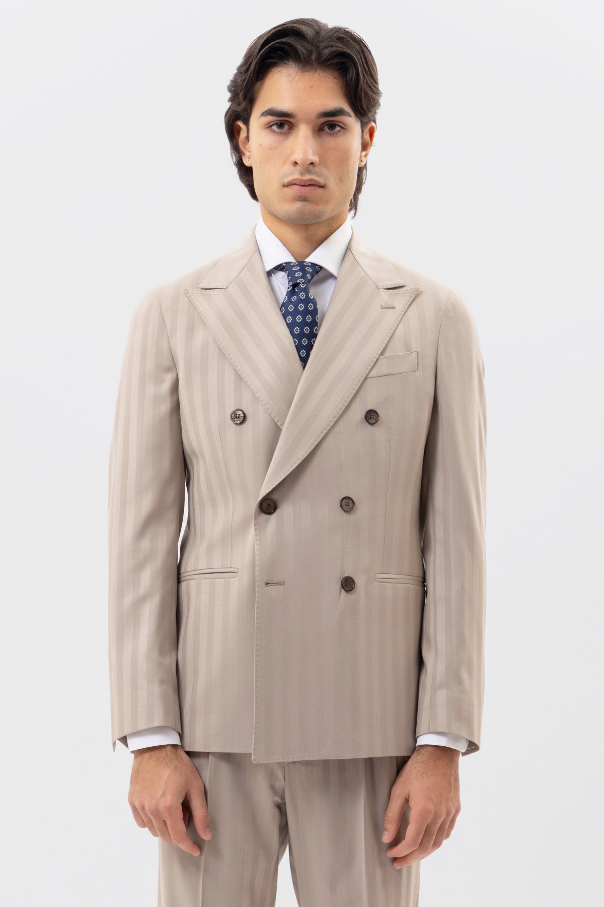 Abito Uomo Doppiopetto Beige Rigata Rever A Lancia 13cm Tasche A Filo