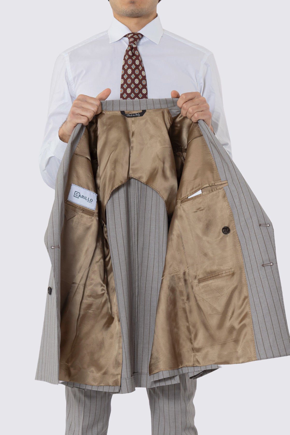 GIACCA UOMO DOPPIOPETTO BEIGE GESSATA MARRONE REVER A LANCIA 13CM TASCHE A FILO