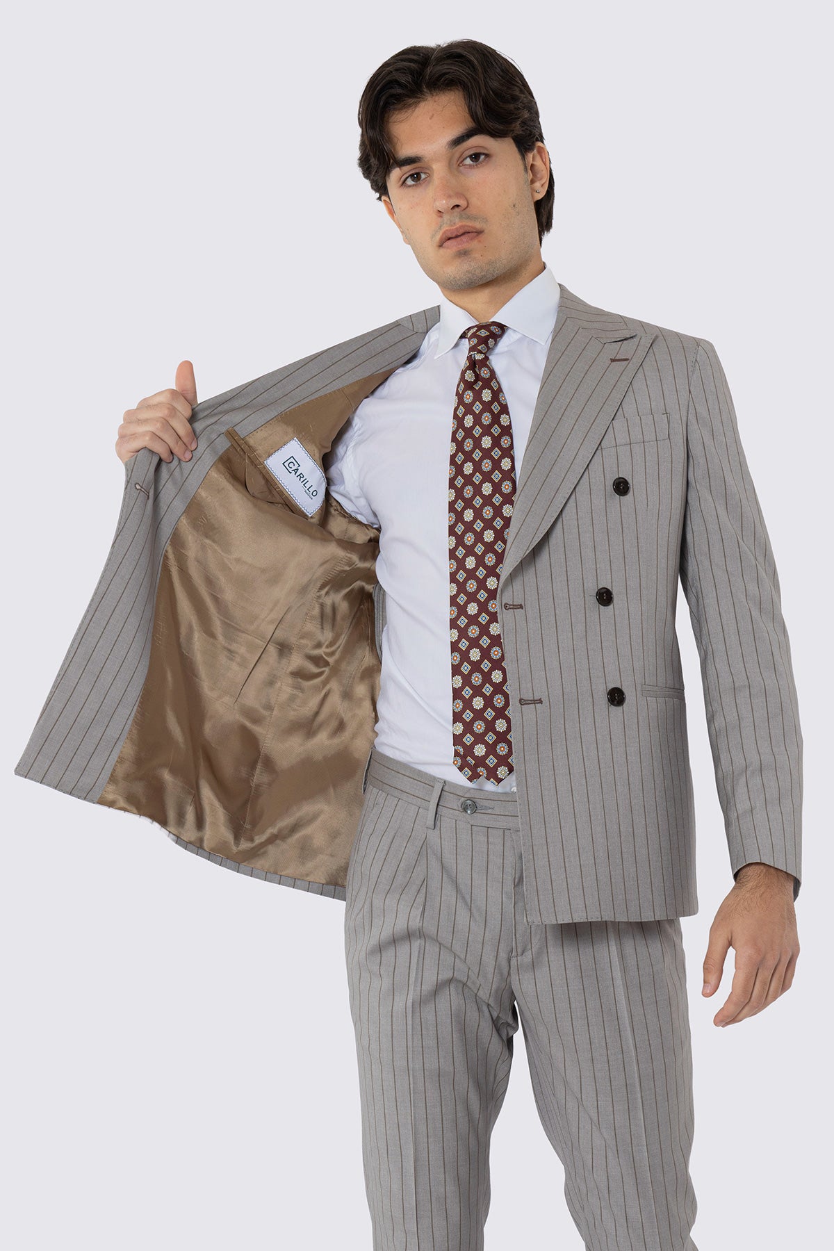 GIACCA UOMO DOPPIOPETTO BEIGE GESSATA MARRONE REVER A LANCIA 13CM TASCHE A FILO