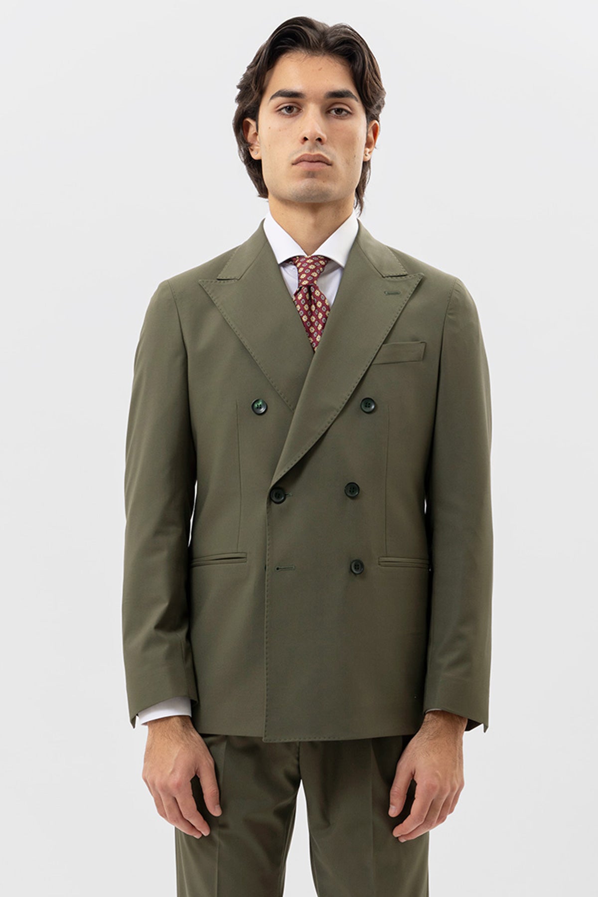 Abito Uomo Doppiopetto Verde Militare Tinta Unita Rever A Lancia 13cm Tasche A Filo