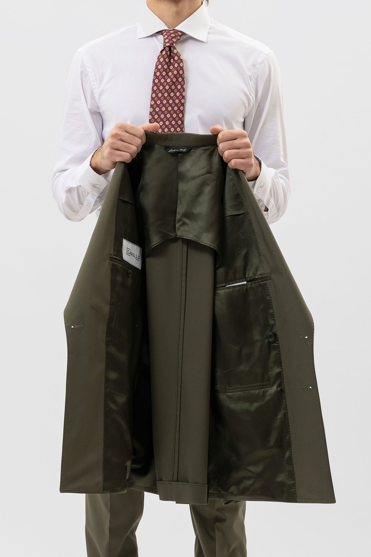 Giacca Uomo Doppiopetto Verde Militare Tinta Unita Rever A Lancia 13cm Tasche A Filo