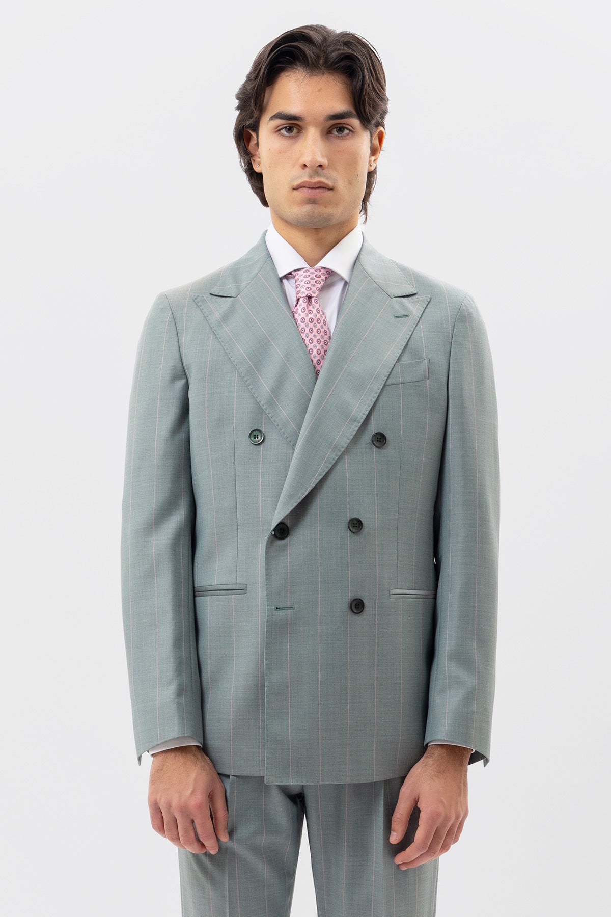 Giacca Doppiopetto Verde Gessata Rosa Uomo Fresco Lana Super 150's Bristol Tessuti Napoli Rever A Lancia