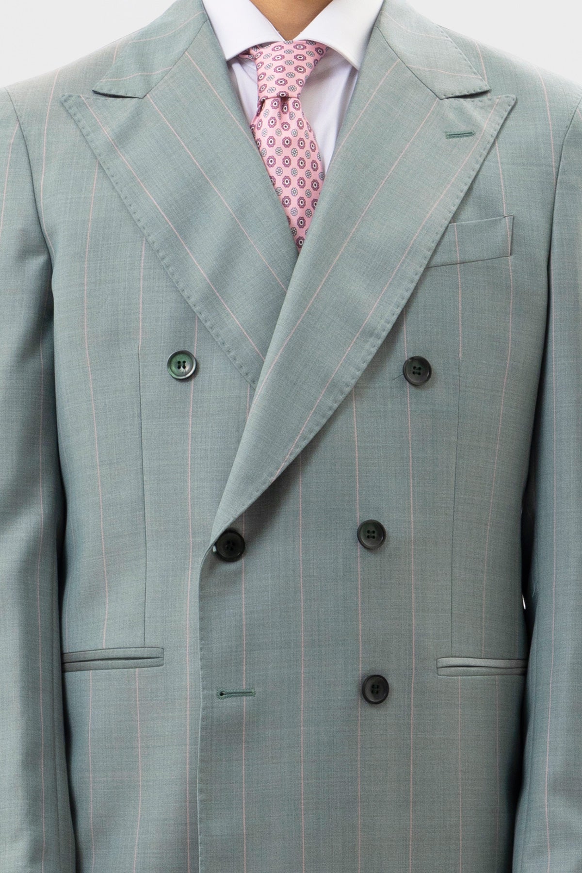 Abito Doppiopetto Verde Gessata Rosa Uomo Fresco Lana Super 150's Bristol Tessuti Napoli Rever A Lancia