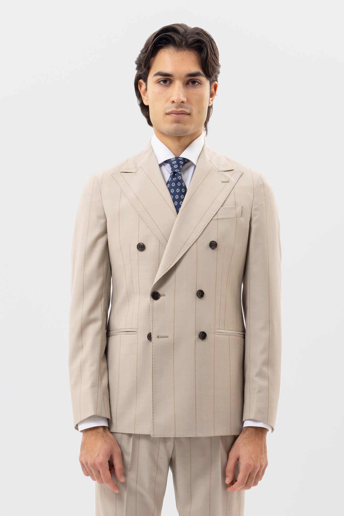 Giacca Doppiopetto Beige Gessata Fango Uomo Fresco Lana Super 130's Fordam Tessuti Napoli Rever A Lancia