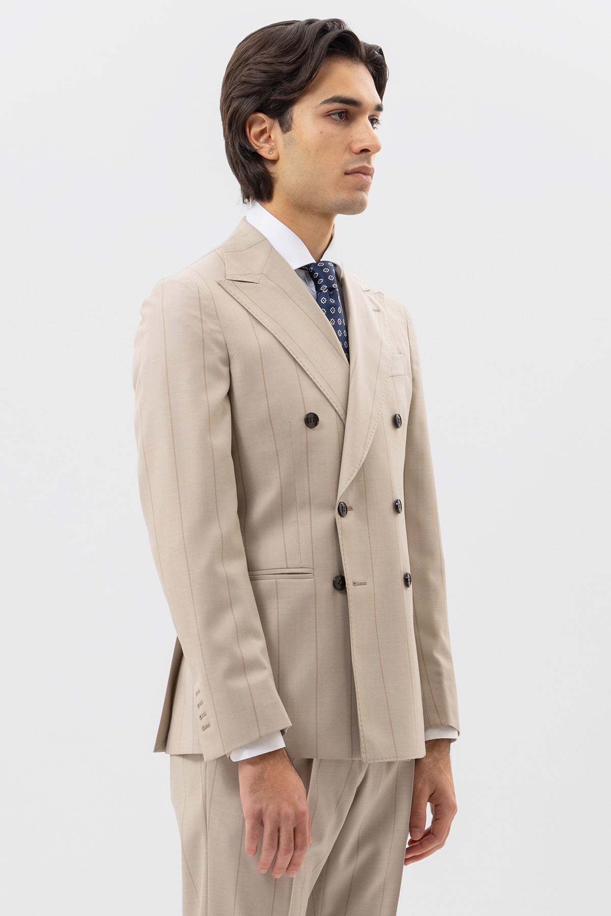 Abito Doppiopetto Beige Gessata Fango Uomo Fresco Lana Super 130's Fordam Tessuti Napoli Rever A Lancia