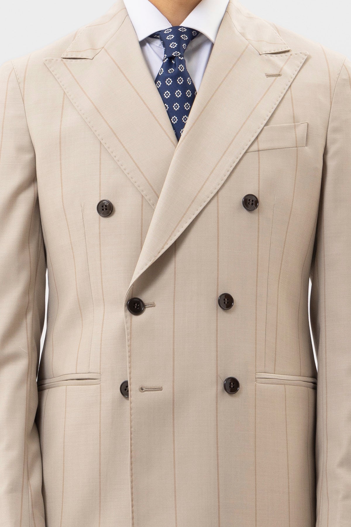 Abito Doppiopetto Beige Gessata Fango Uomo Fresco Lana Super 130's Fordam Tessuti Napoli Rever A Lancia